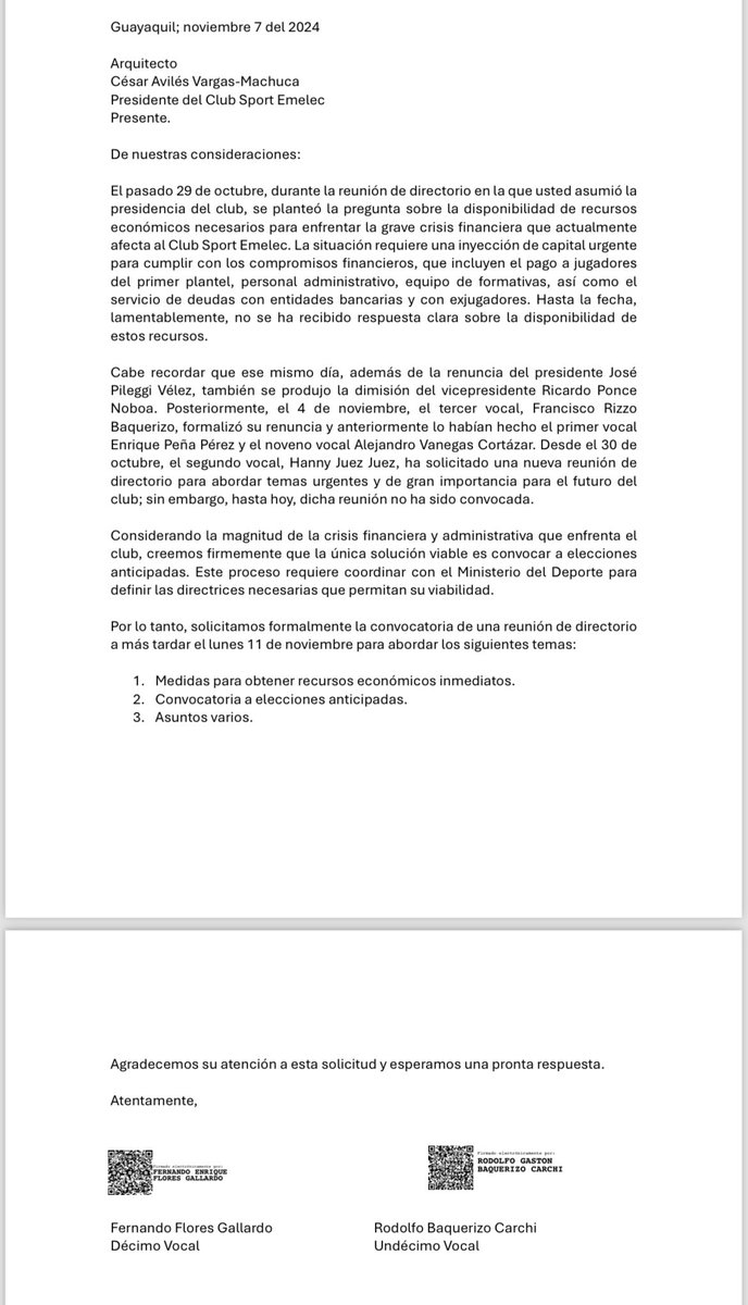 El directorio de <a href="/CSEmelec/">Club Sport Emelec</a> está DIVIDIDO 

Se filtra pedido de parte de un sector de los dirigentes donde solicitan llamar a elecciones inmediatamente 

Además una reunión para máximo el lunes 11 de noviembre