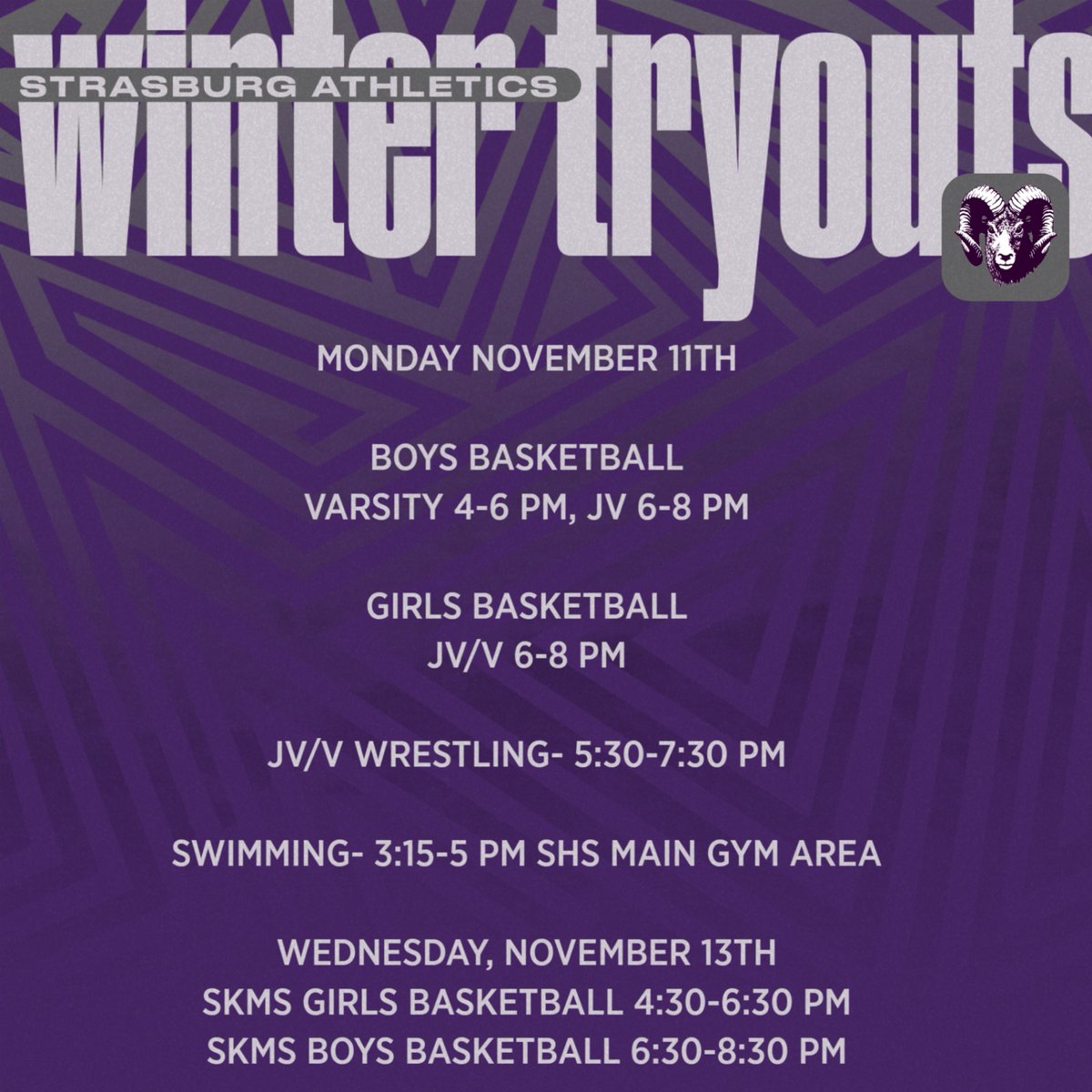 SHSRamathletics's tweet photo. A reminder that winter sports tryout start on Monday, November 11th for Varsity and JV sports and Wednesday, November 13th for SKMS basketball.  All athletes MUST have a VHSL Physical on file dated May 1, 2024 or later and have completed the SCPS Student Athlete Handbook signoff! https://t.co/kxInrqvMuC