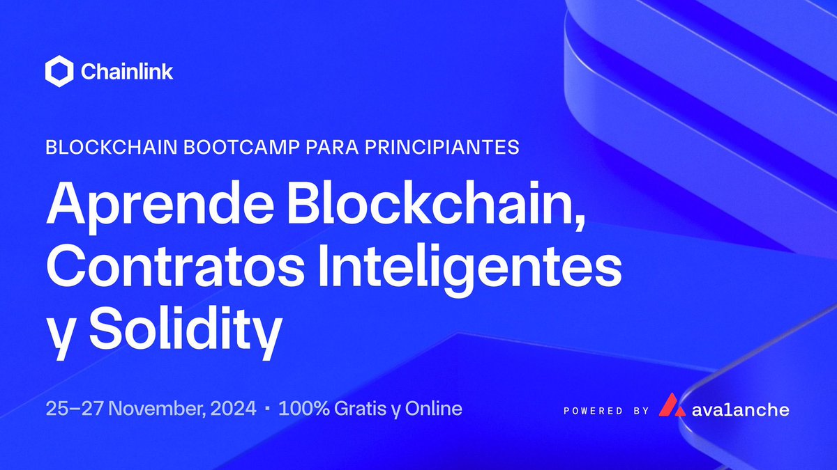 javosalomon's tweet photo. El momento llegó devs!

¿Estás interesado en dar tus primeros pasos de desarrollo en Blockchain y Web3?

El Bootcamp de Blockchain para Principiantes de #Chainlink impulsado por @avax está aquí. Ñ

En 3 días aprenderás los fundamentos del blockchain, contratos inteligentes y te ayudaremos a desplegar tu primer token!

Del 25 al 27 de Noviembre

¿Lo mejor?

100% Gratis, Online y en Español!

Link al registro en el primer comentario ⬇️