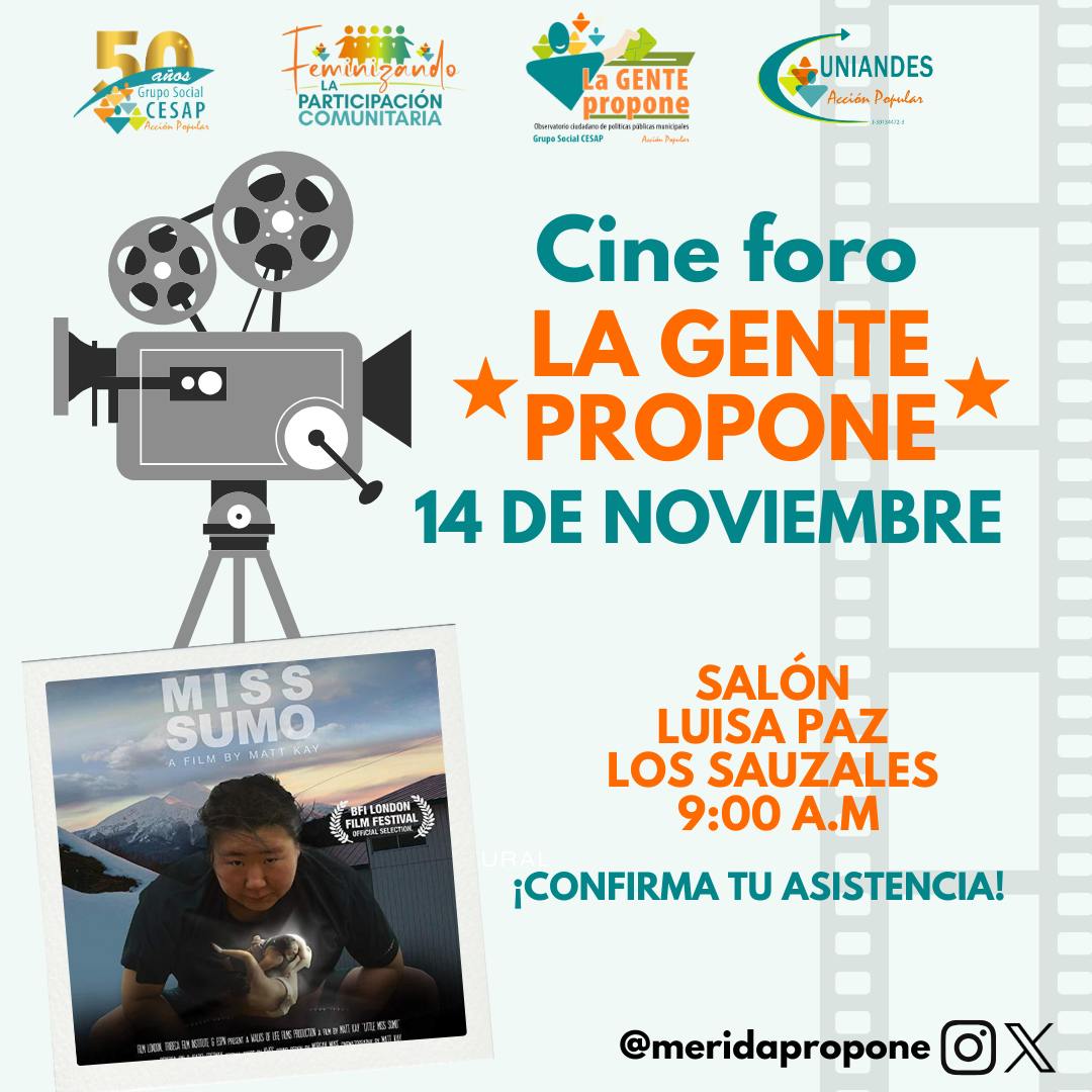 Desde el Observatorio de Políticas Públicas Municipales La Gente Propone Mérida te invitamos al cine foro donde proyectaremos el documental titulado: 

🏋🏻‍♀️Pequeña Miss Sumo🏋🏻‍♀️

Confirma tu asistencia en el formulario: forms.gle/9ocFxxkifXRsaV…