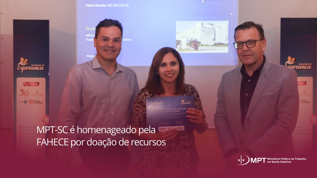 MPTSC's tweet image. MPT-SC é homenageado pela FAHECE por doação de recursos para atendimento de saúde pública, saiba mais: link.mpt.mp.br/szmWa6p