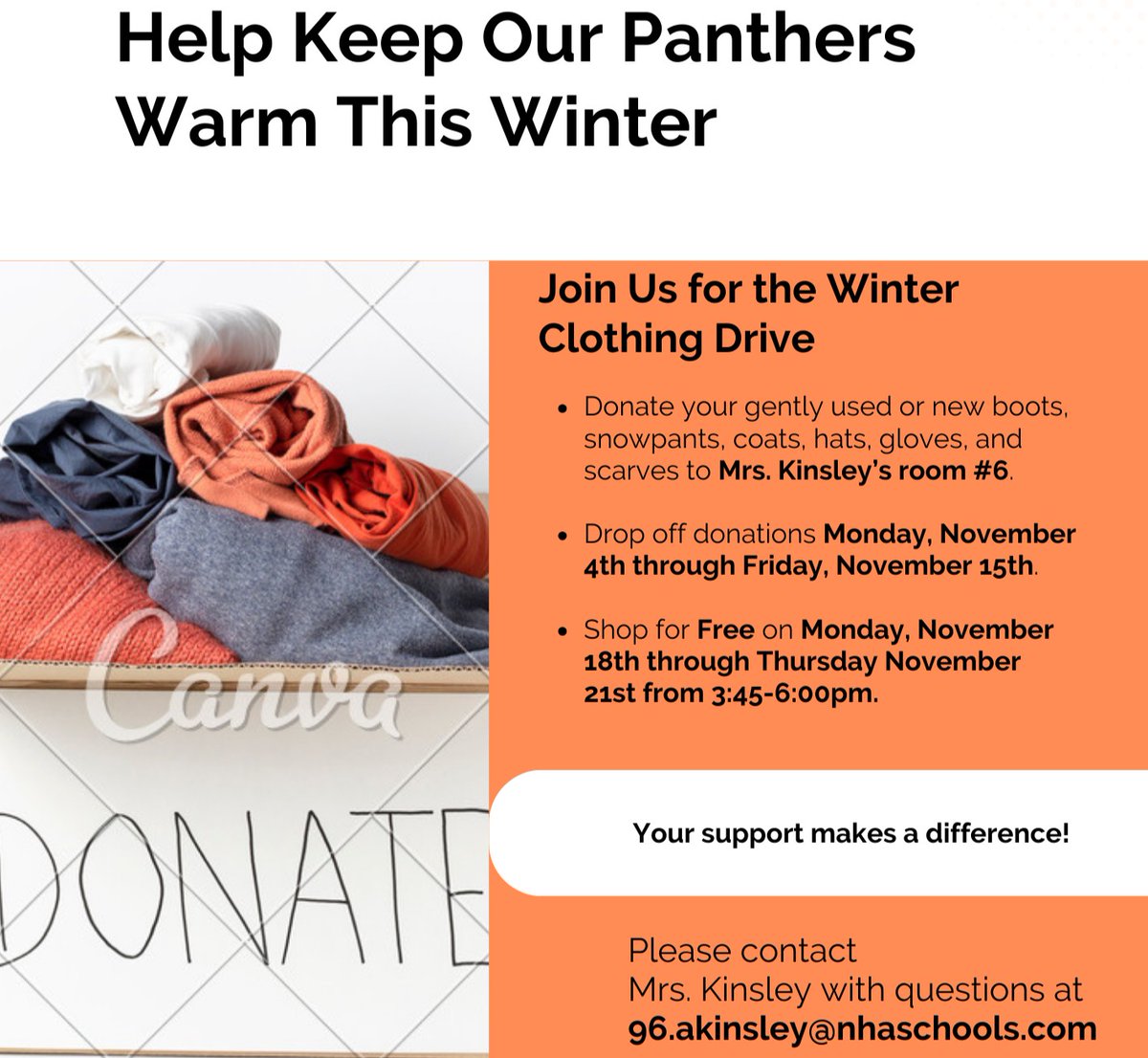 SouthPointeSCA's tweet photo. Help us keep everyone warm this winter! We're kicking off our winter clothes drive and need your contributions of boots, coats, hats, gloves and scarves. 

Remember, families can 'shop' at no cost from the 18th to the 21st of November, 3:45-6:00pm. https://t.co/FVB6VUv73l
