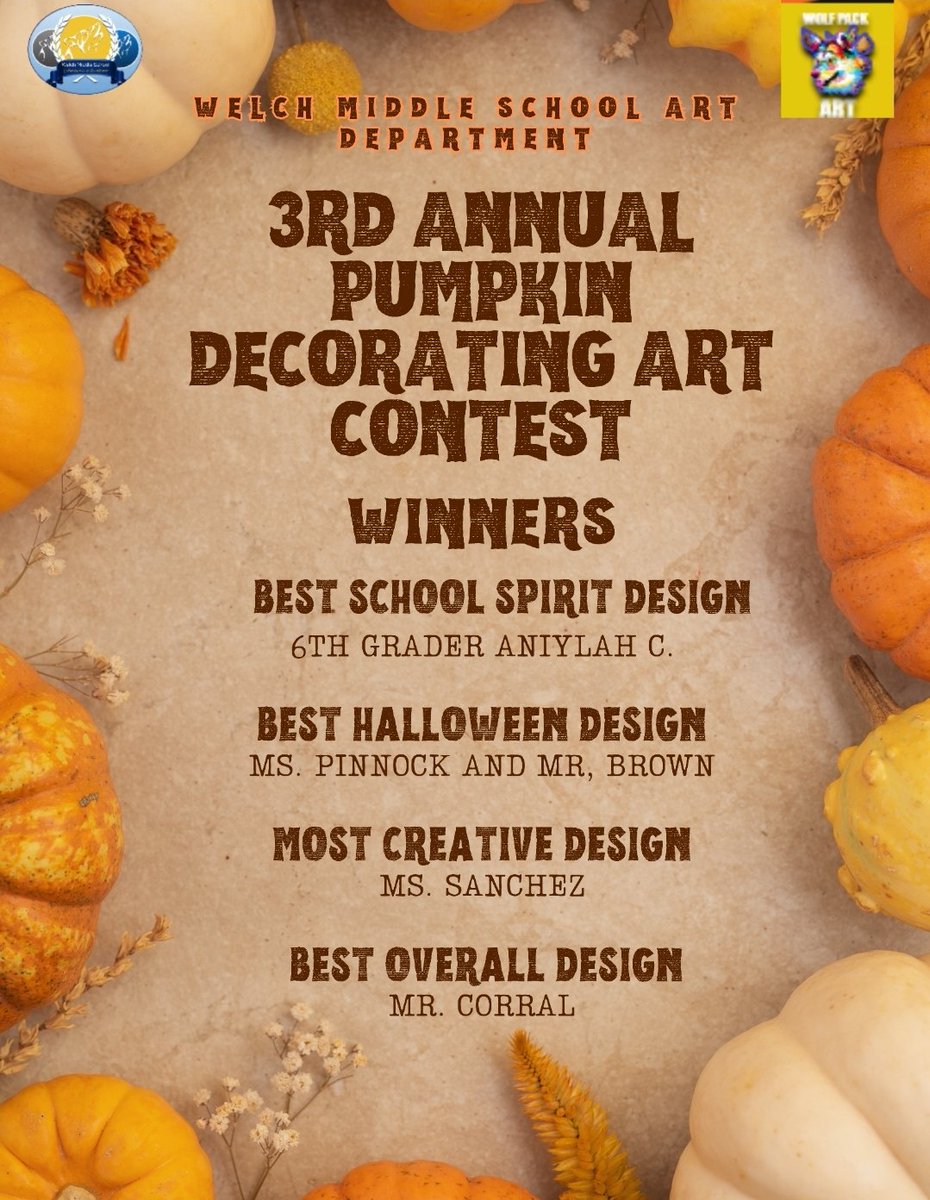 WMSWolfPackArt (@wolfpackartwms) on Twitter photo The campus has spoken!
Congratulations to the winners of our 3rd annual Pumpkin Decorating Art Contest! 🎨 🎃
<a href="/Welch_WolfPack/">Welch MS - HISD</a>
#WMSWolfPack #WolfPackArt #WolfPackArtRocks The campus has spoken!
Congratulations to the winners of our 3rd annual Pumpkin Decorating Art Contest! 🎨 🎃
<a href="/Welch_WolfPack/">Welch MS - HISD</a>
#WMSWolfPack #WolfPackArt #WolfPackArtRocks