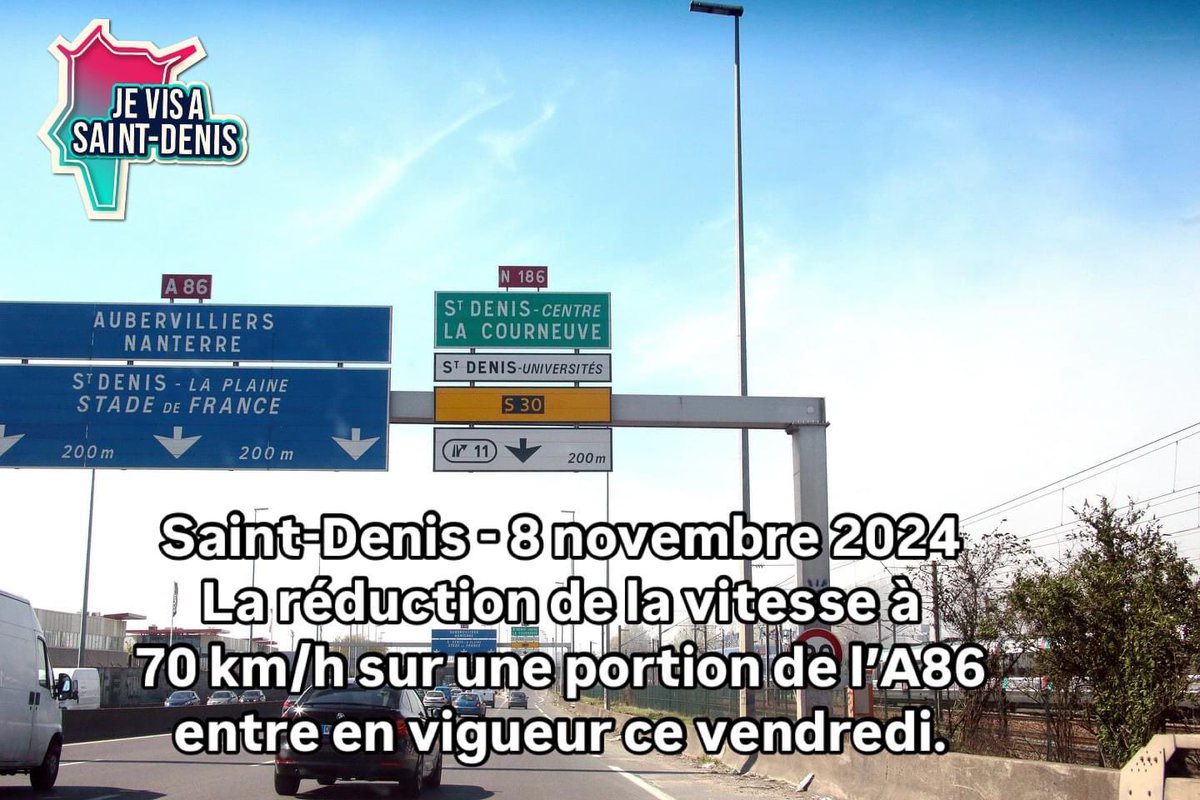 ℹ️🔴 Encore une décision prise sans concertation avec les habitants !

À partir de ce vendredi, la vitesse sera réduite à 70 km/h sur l’A86 entre Saint-Denis et La Courneuve.

#saintdenis #jevisasaintdenis #a86 #hanotin #kaderchibane #Stdenis