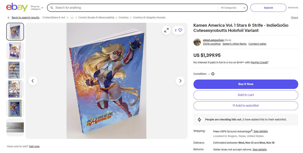 kamenamerica's tweet photo. Last year, on an online auction, KAMEN AMERICA VOLUME 1 sold for $2,000.
Most first Kickstarter printings will go for $50 - $150 depending on where you look, with this particularly rare IndieGoGo holofoil going from $500 - $1,500 on eBay.
@cirsova sold his in August for $900, and there is currently a listing for $1,399!๐ฑ
https://t.co/oTiU7hbxt9