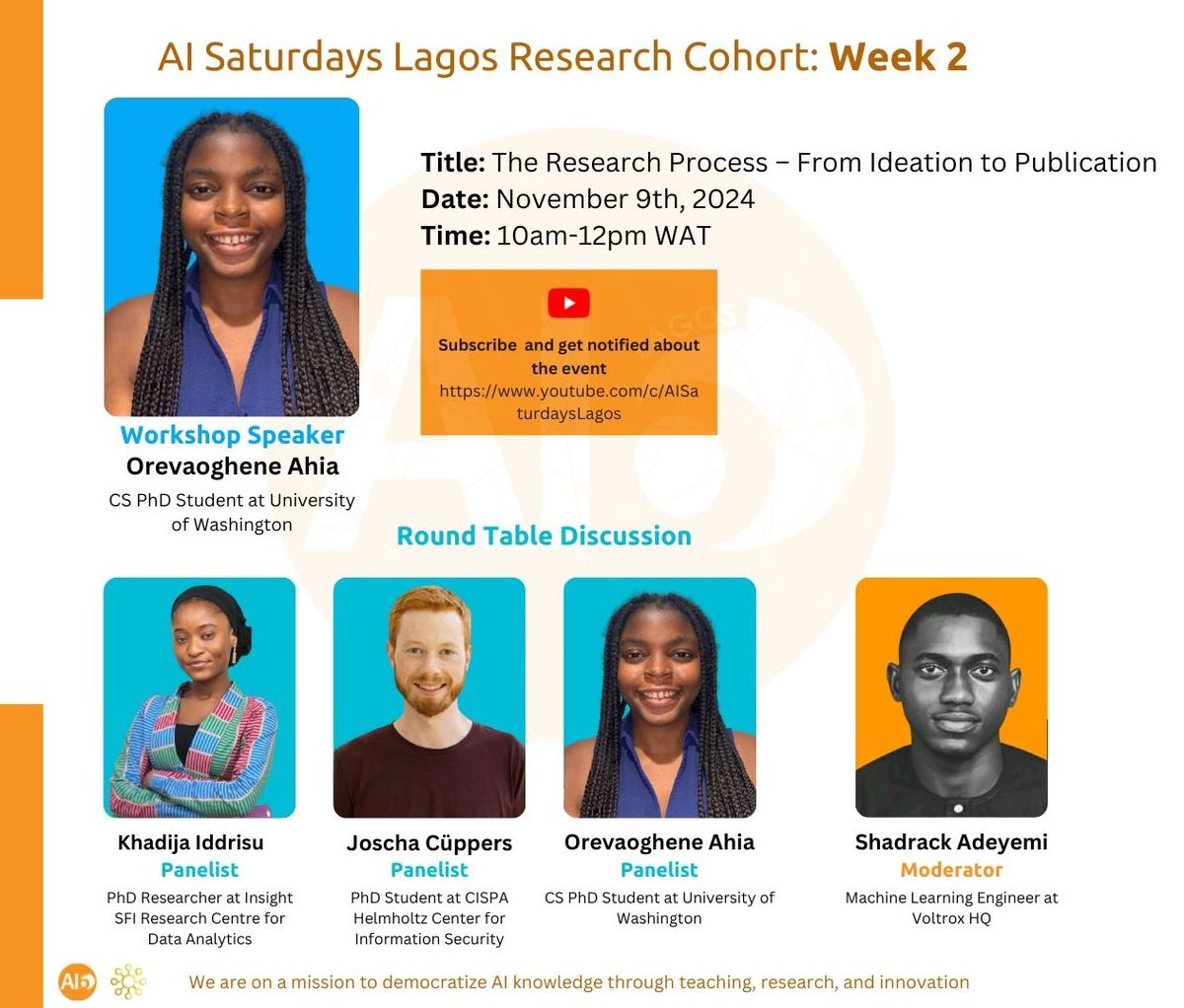 AI Saturdays (Lagos) (@aisaturdaylagos) on Twitter photo 🌿This Saturday, we're excited to have <a href="/orevaahia/">Oreva Ahia</a> shares her insights into AI research ideation to presenting at top CS conference.
After which <a href="/Khadija_2_0/">Khadija Iddrisu</a> & Joscha will join Oreva for a round table conversation moderated by <a href="/adeyemits/">shadrack</a>.
⏰ Nov. 9, 10AM WAT
See you there! 🌿This Saturday, we're excited to have <a href="/orevaahia/">Oreva Ahia</a> shares her insights into AI research ideation to presenting at top CS conference.
After which <a href="/Khadija_2_0/">Khadija Iddrisu</a> & Joscha will join Oreva for a round table conversation moderated by <a href="/adeyemits/">shadrack</a>.
⏰ Nov. 9, 10AM WAT
See you there!