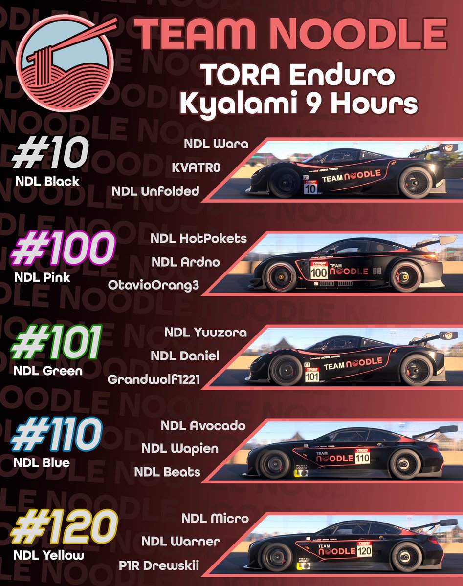 TeamNoodleNDL's tweet photo. Introducing our official Team Noodle roster for @TheReal_TORA 9 Hours of Kyalami

Amazingly, we had 4 teams qualify for A Lobby and 1 starting pole in B lobby. This is shaping up to be a hard fought race through and through. 

Liveries by NDL Daniel
Graphics by @Sappytron https://t.co/IGFF74EtIy