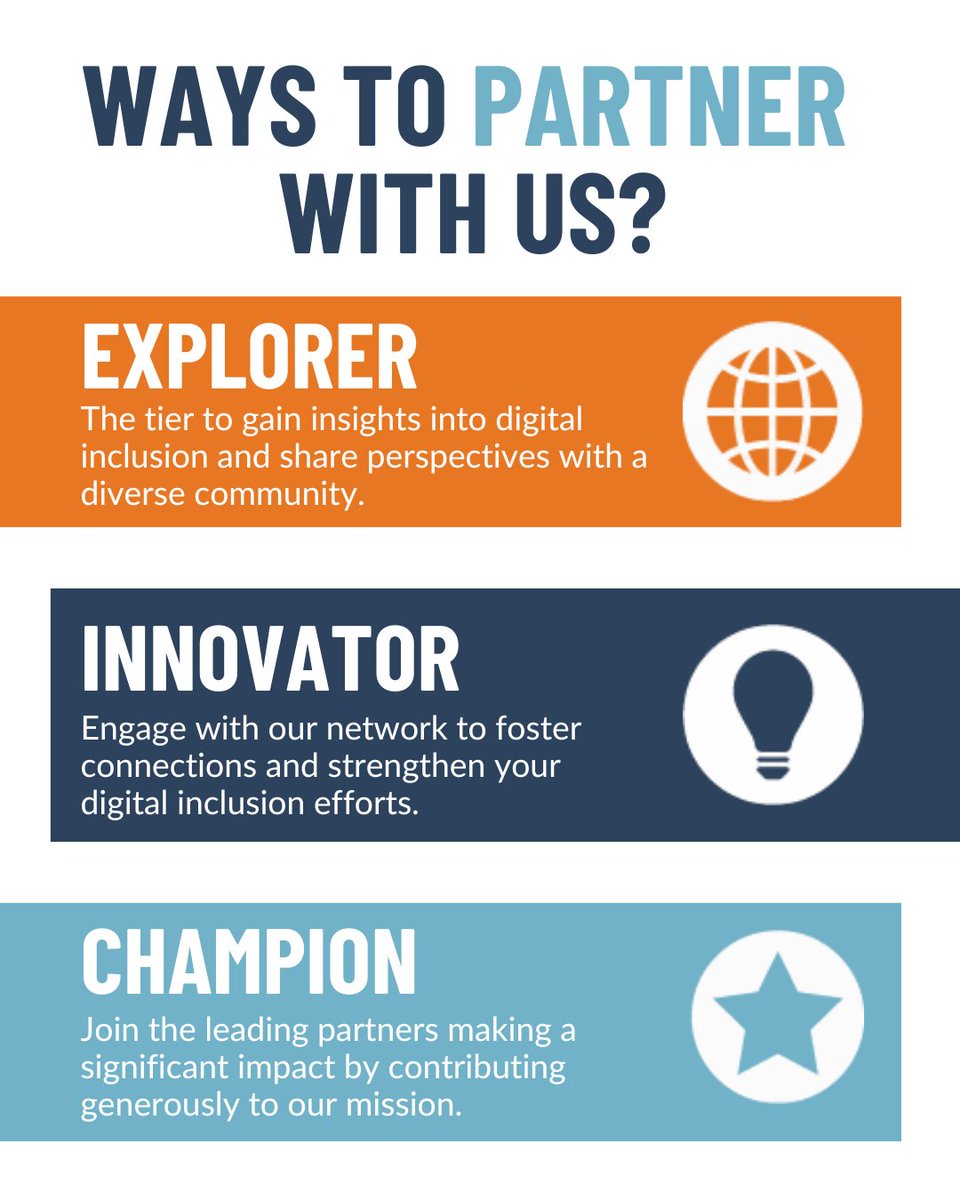 CDEConnects's tweet image. Organizations can engage with the CDE at different "tiers" of engagement. This way, you can partner in a way that makes sense for your organization, its goals, and its structure. Share with anyone who might be interested! 

#DigitalEquity #PartnerTiers