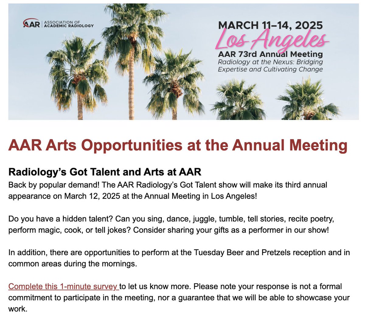 Calling all <a href="/aaradiol/">AAR</a> 🎭 #RadPerformingArtists including #RadRes &amp; #MedStudent members!  We'd love to showcase YOUR 🎼🎸🎻🤹‍♀️💃🧑‍🍳🤸‍♀️ talent at the #AUR25 meeting in L.A. 
*Share with your fellow #radiologist creatives &amp; apply here by Nov 27⬇️⬇️⬇️ surveymonkey.com/r/NTM952M