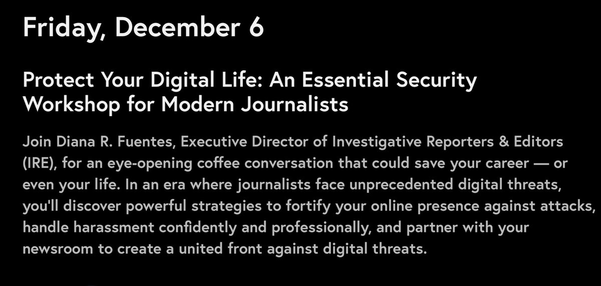 Investigative Reporters & Editors (@ire_nicar) on Twitter photo IRE’s <a href="/ddfonline/">Diana Fuentes</a> will host a digital safety workshop for journalists at <a href="/OutriderFdn/">Outrider Foundation</a>’s Nuclear Reporting Summit. The event is free, but space is limited. Apply now to attend: outrider.org/conference/202…
🗓️ Dec. 6
📍 Washington, D.C. IRE’s <a href="/ddfonline/">Diana Fuentes</a> will host a digital safety workshop for journalists at <a href="/OutriderFdn/">Outrider Foundation</a>’s Nuclear Reporting Summit. The event is free, but space is limited. Apply now to attend: outrider.org/conference/202…
🗓️ Dec. 6
📍 Washington, D.C.