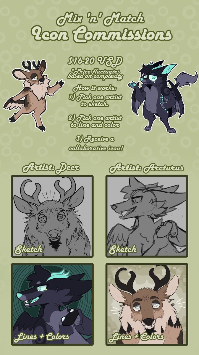 marshdeerr's tweet photo. Wanna support some artists and get a cute icon out of it? @C_cryptid and I are doing an art icon collaboration! Pick an artist to sketch, pick an artist to line and color, and enjoy a cute new icon! DM either of us if you're interested. https://t.co/q9EcbXqJz7