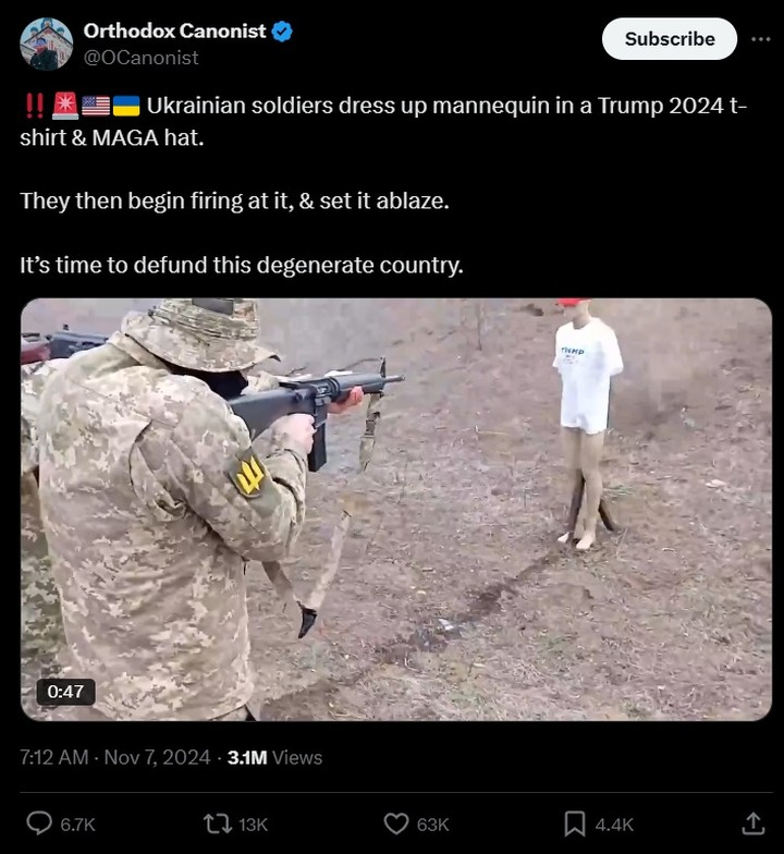 joeabodnar's tweet photo. Pro-Russia and conspiracy accounts are passing around this video allegedly showing Ukranian soldiers shooting at a mannequin in Trump gear.

The original video has 3M views. https://t.co/QuRZ4ZOqdr