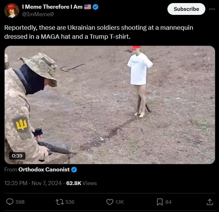 joeabodnar's tweet photo. Pro-Russia and conspiracy accounts are passing around this video allegedly showing Ukranian soldiers shooting at a mannequin in Trump gear.

The original video has 3M views. https://t.co/QuRZ4ZOqdr