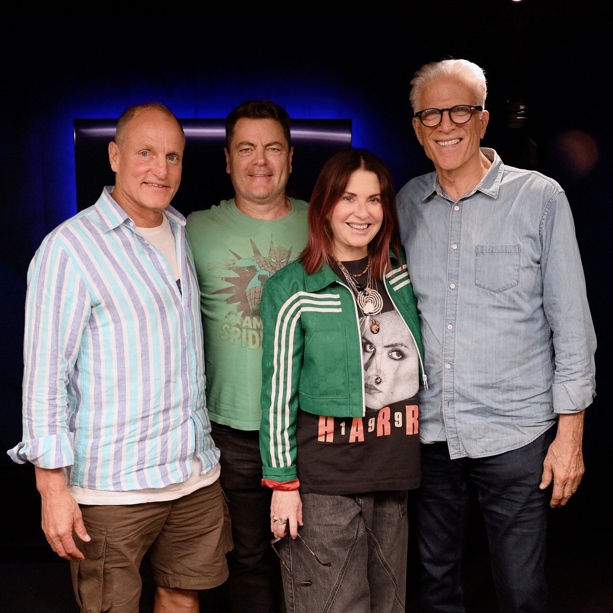 TeamCoco's tweet photo. On #WEKYN @TedDanson and @WoodyHarrelson sit down with @MeganMullally and @Nick_Offerman to share the story of their unlikely meet cute, what it was like playing Ron and Tammy on Parks &amp; Recreation, Megan’s band, and much more. Listen: https://t.co/J7NyDEGwSK https://t.co/Q82IuwIChP