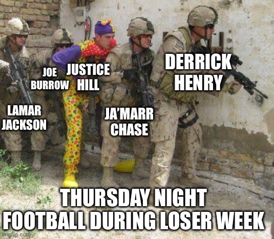 GuillotineLeag2's tweet photo. #GuillotineLeague #LoserWeek kicks off tonight with #TNF!!

Sorry @nolongerbigstu 🤣 https://t.co/vkwj7pBIcv