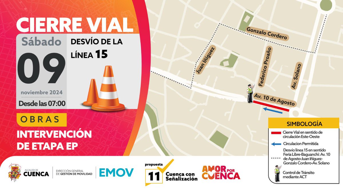 cuenca_dgm's tweet photo. ¡Atención usuarios de la línea 15!🚍

Este sábado 9 de noviembre desde las 07:00,  habrá desvíos en el recorrido por trabajos de intervención de @ETAPAOficial. 

Se tomará rutas alternas para minimizar las molestias. 

@emov_ep 
@MunicipioCuenca 
@ETAPAOficial https://t.co/3sOFu0Xkyk