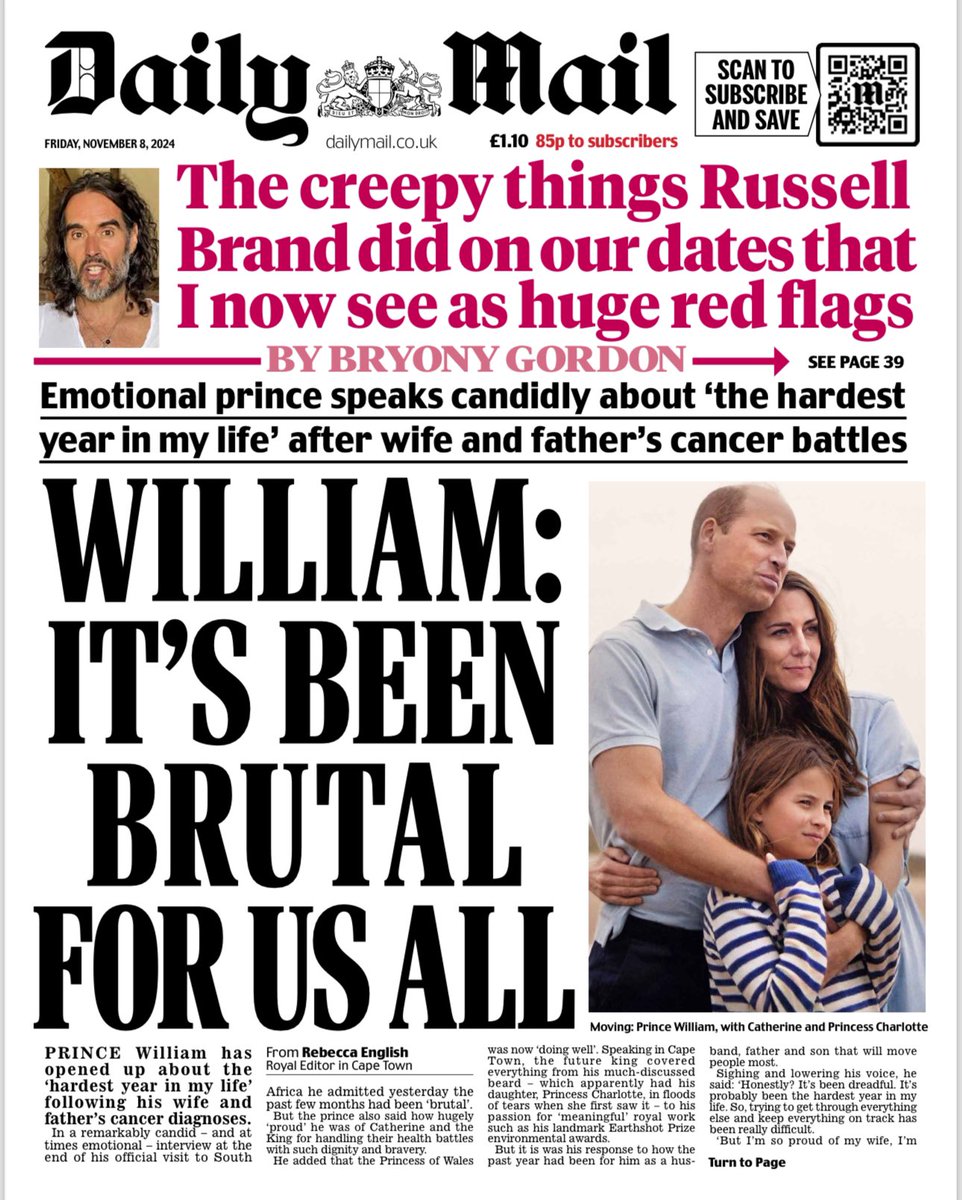 RE_DailyMail's tweet photo. BREAKING 
Prince William has spoken about the ‘hardest year in my life’ following his wife and father’s cancer diagnoses.
In an interview with UK newspaper journalists in Cape Town he admitted it has been ‘brutal’ but said how ‘proud’ he is of Catherine and the King’s bravery ⬇️ https://t.co/048moBCadd
