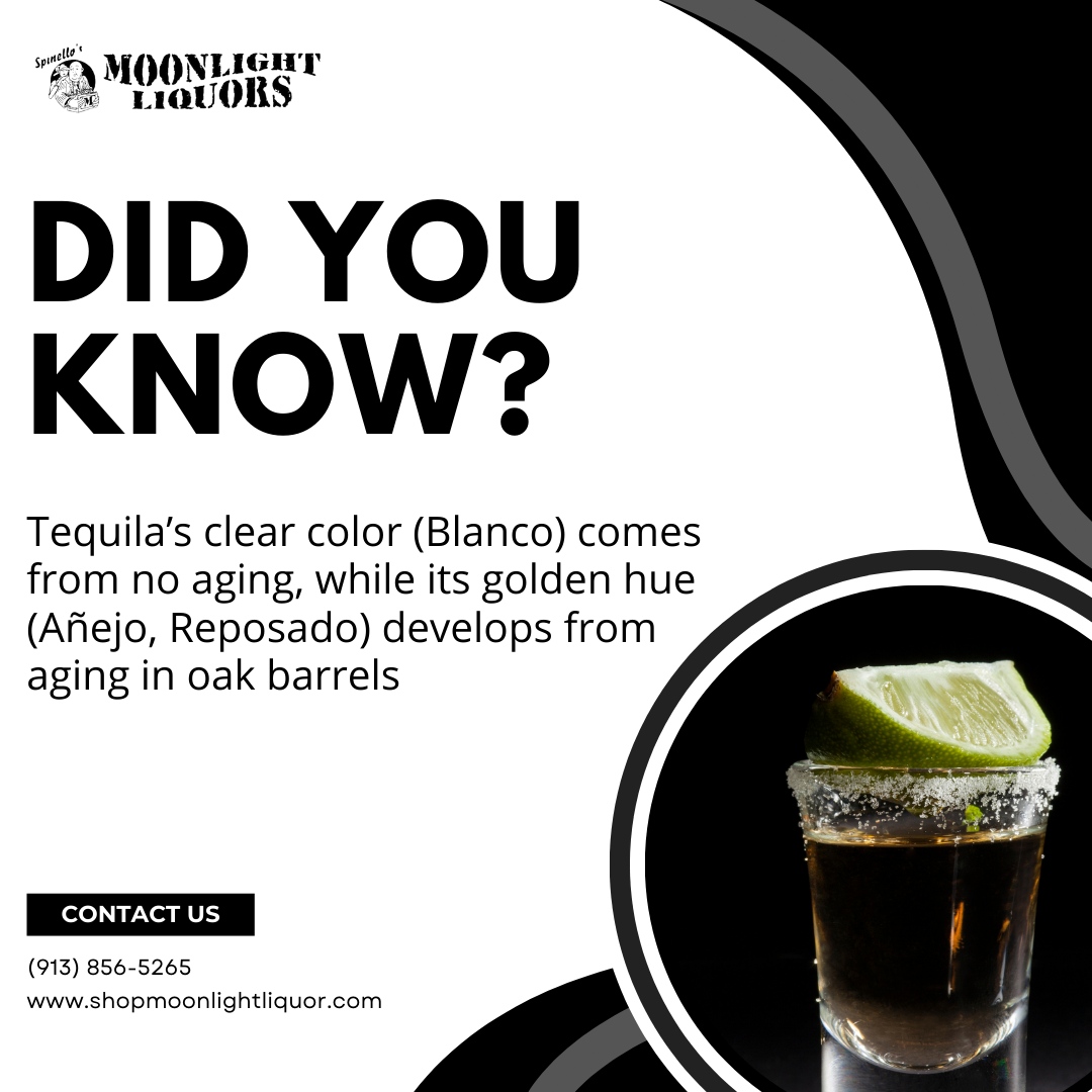 Mlightliquor's tweet photo. Did You Know? 

Clear or Golden: Tequila’s clear color (Blanco) comes from no aging, while its golden hue (Añejo, Reposado) develops from aging in oak barrels. The longer the wait, the richer the taste! 

#moonlightliqour #beers #wines https://t.co/xfDh44hMdZ