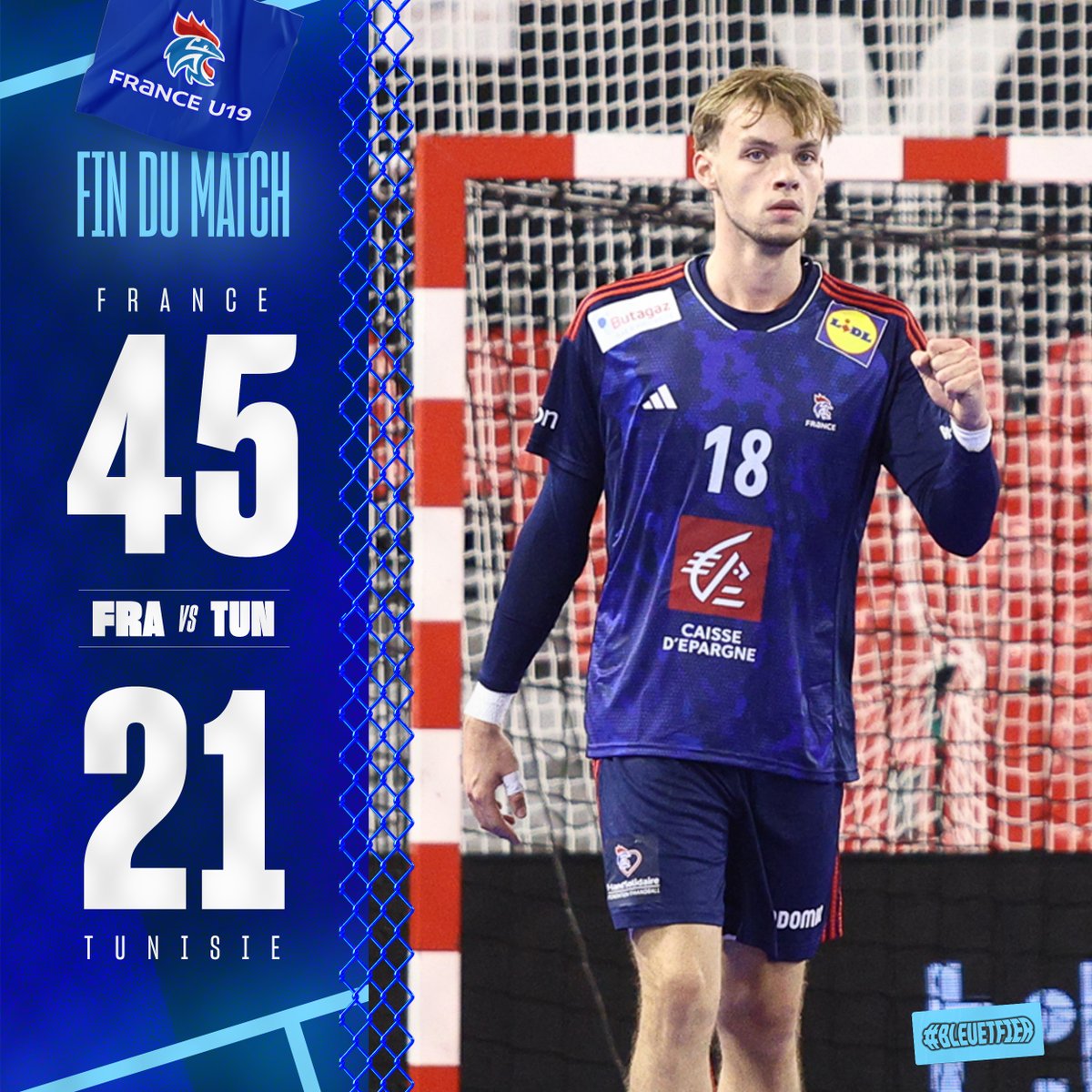 ffhandball's tweet photo. Un début parfait 💪

Les Bleus s'imposent avec la manière pour le premier match du @Tiby_Handball contre la Tunisie (45-21).

Prochain match demain à 21h contre le Portugal 🇵🇹 https://t.co/gXehgKElk1