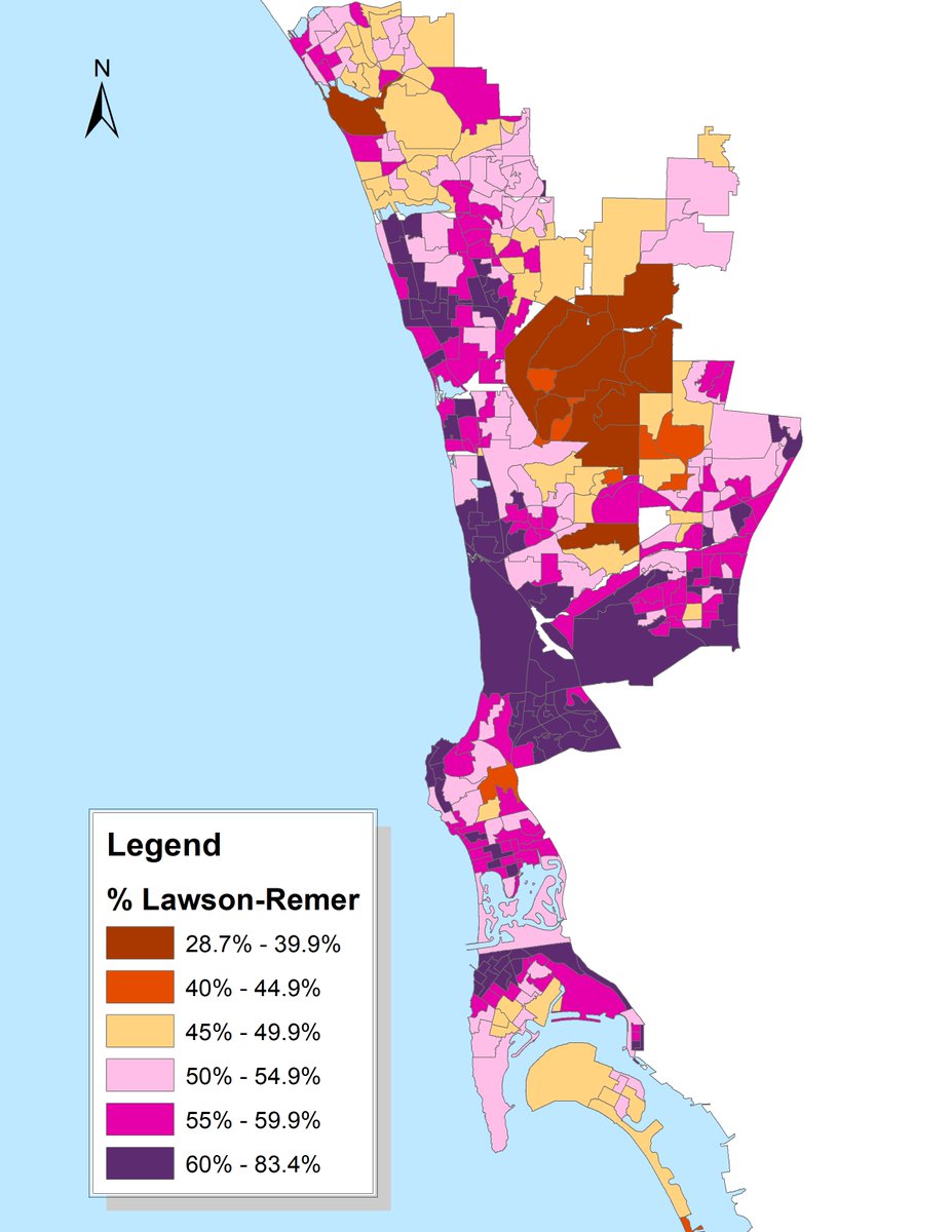 Compare the % vote for Kamala Harris to % vote for Lawson-Remer in these two maps - heavy overlap, though % vote Kamala by precinct is significantly more intense closer to the coast. Interesting there were Kamala/Faulconer voters concentrated in Carlsbad, Point Loma and Coronado,