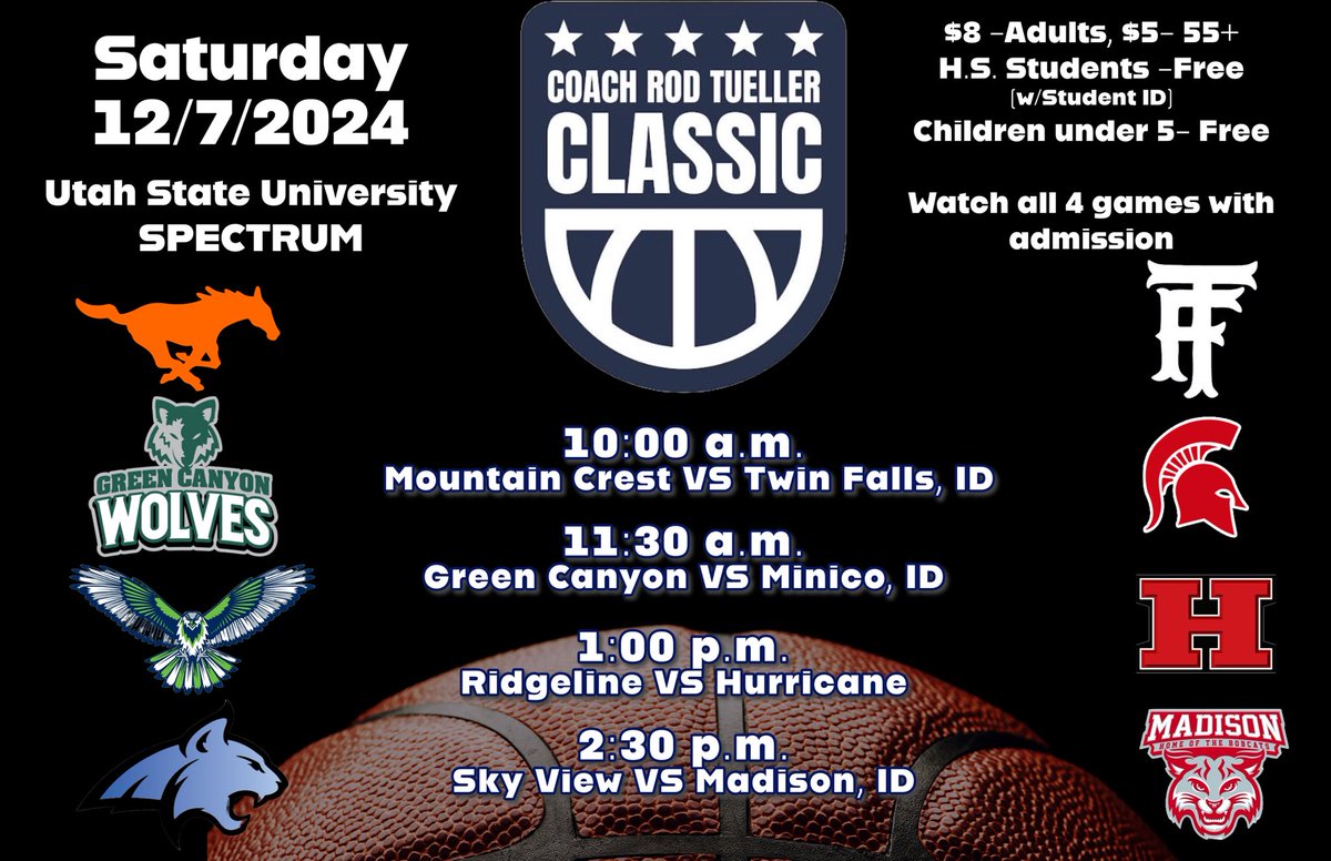 loganbrown2015's tweet photo. Cache Valley basketball fans…save the date. The Coach Tueller Classic is Dec 7th🏀🏀🏀. Watch 4 valley teams play in the Spectrum at USU &amp; have an opportunity to honor Coach Tueller. Pay 1 admission &amp; watch all 4 games. Aggie game vs Utah Tech is also at 7 (separate tickets). https://t.co/x1KLq5dOJB