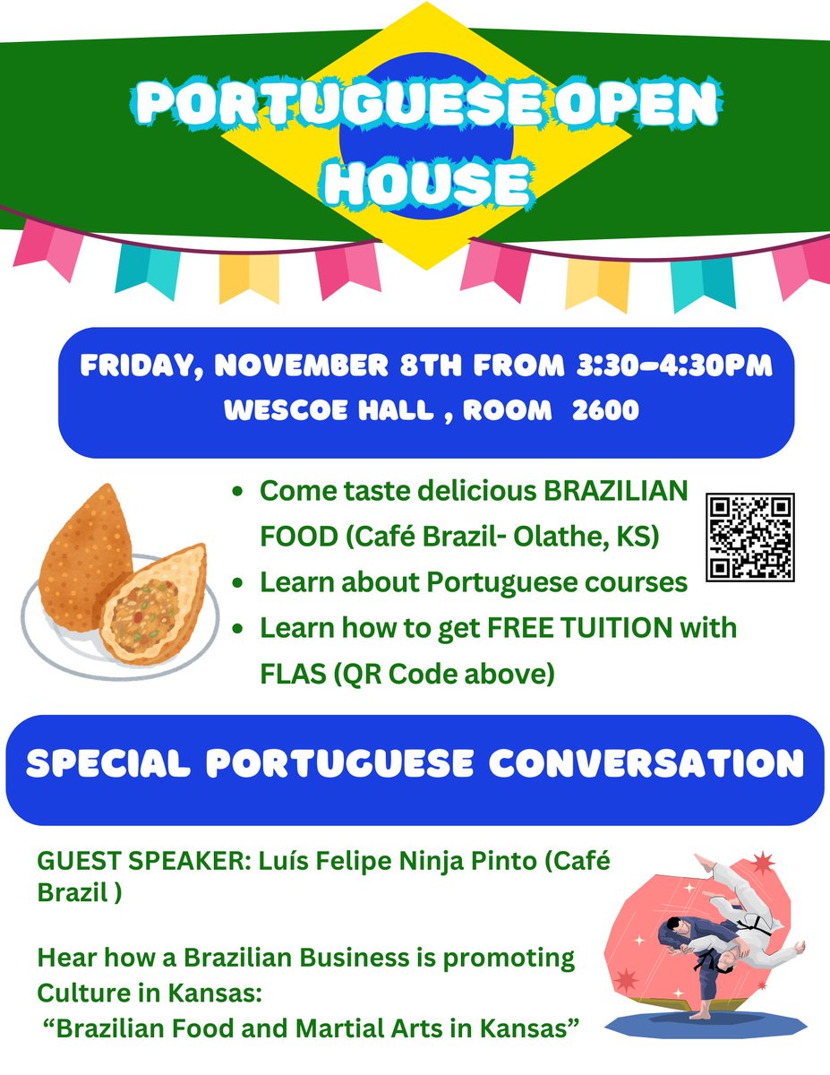 Join us for a Portuguese Open House + special meeting of our department's Portuguese Language Practice Table! Friday, November 8, 3:30-4:30pm at Wescoe 2600. calendar.ku.edu/event/portugue…