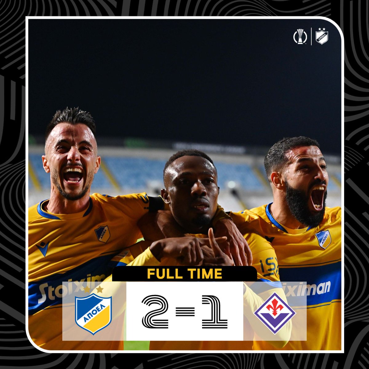 apoelfcofficial's tweet image. [FT] Ολοκληρώθηκε η αναμέτρηση.
#APOELFC 2-1 #Fiorentina (#UECL MD3)
⚽️ Donis 37', Abagna 45'+1 - Ikoné 74'

#APOvFIO #UECL #apoelfclive
#Stoiximan #iroes