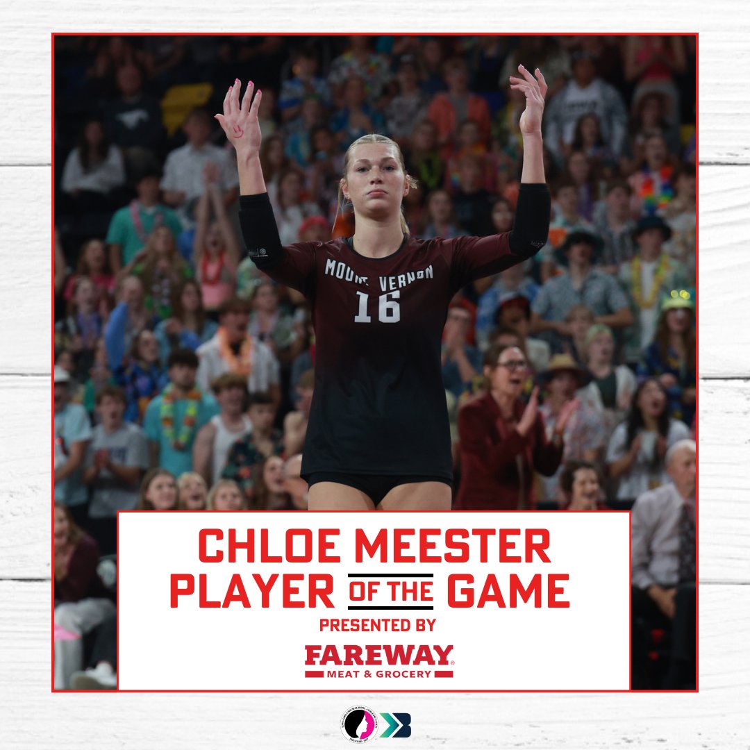 Bound Iowa (@bound_ia) on Twitter photo Chloe Meester from Mount Vernon is your Fareway Player of the Game!
Kills: 16 | Digs: 8
#ighsau #iastatevb #boundia #potg Chloe Meester from Mount Vernon is your Fareway Player of the Game!
Kills: 16 | Digs: 8
#ighsau #iastatevb #boundia #potg