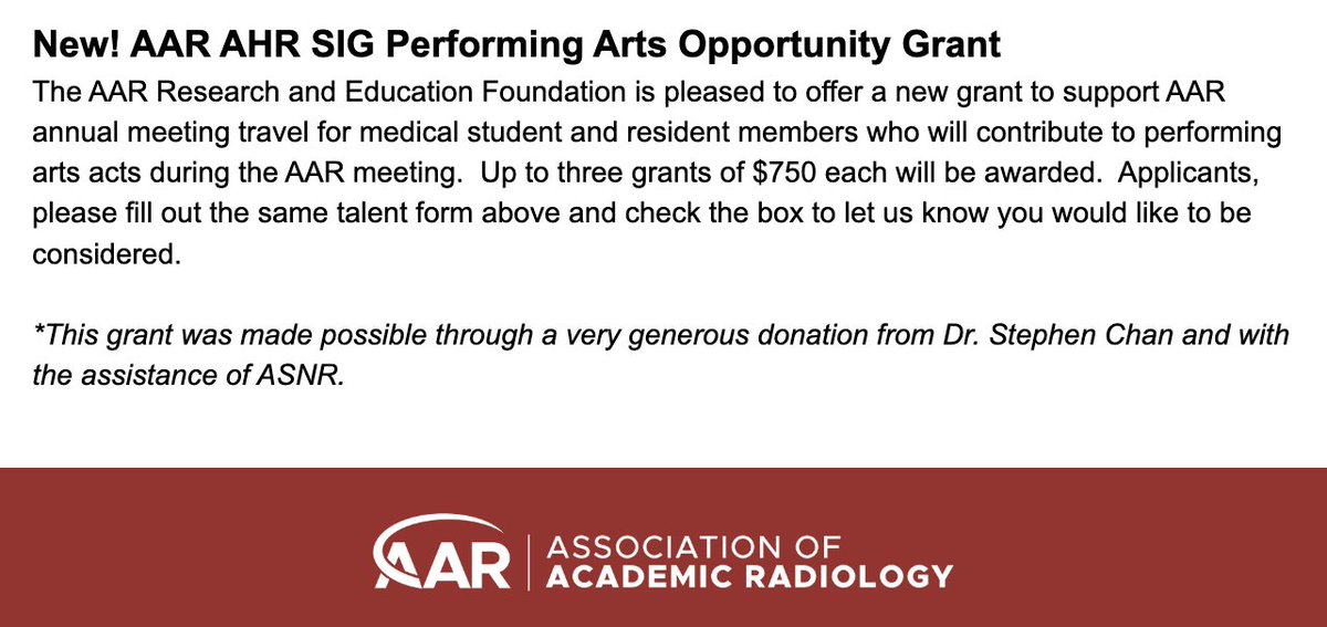 Also #RadRes &amp; #MedStudents: Note the super generous grants available to support your attending &amp; sharing your talents at the #AAR25 meeting made possible through a donation from <a href="/Steve_Chan_MD/">Stephen Chan</a> in conjunction with <a href="/TheASNR/">The American Society of Neuroradiology</a> 👏🙏
*Apply through the same link surveymonkey.com/r/NTM952M