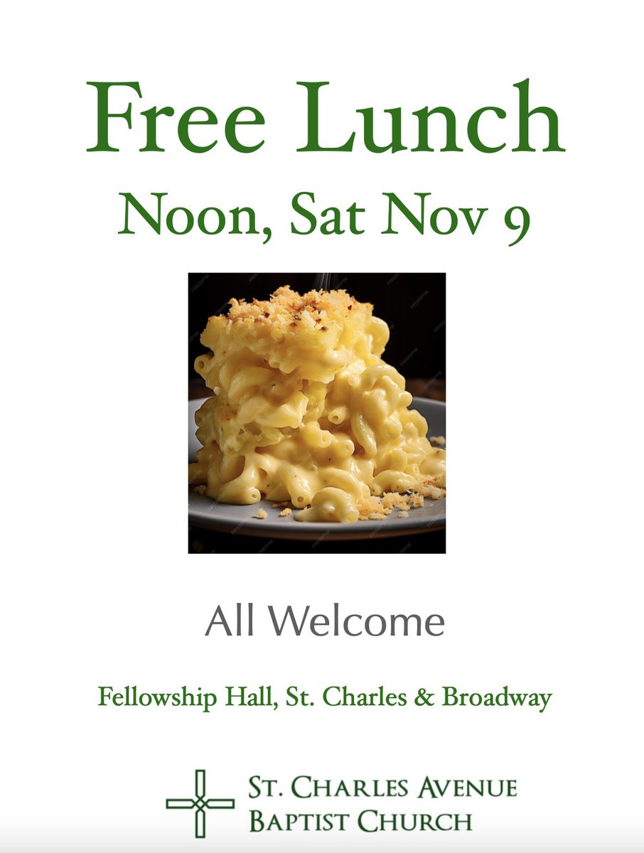 StCharlesAveBC's tweet photo. We're serving a free lunch for anybody who needs one.  Chicken pasta, mac and cheese with smoked sausage. Uptown NOLA. https://t.co/QFOSflpVfF
