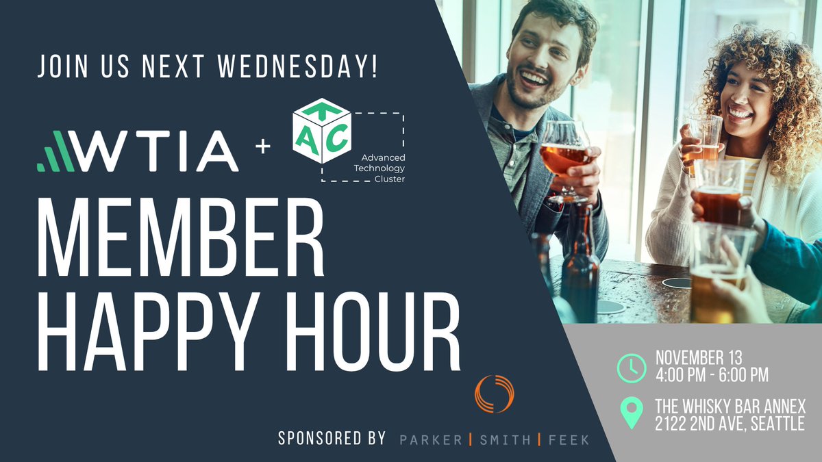 One week away! Join us for a WTIA Advanced Tech Cluster &amp; Member Happy Hour to connect with fellow tech enthusiasts! Enjoy drinks, food, and networking, while getting acquainted with key WTIA representatives: hubs.ly/Q02XqLCL0
#Networking #Tech #HappyHour