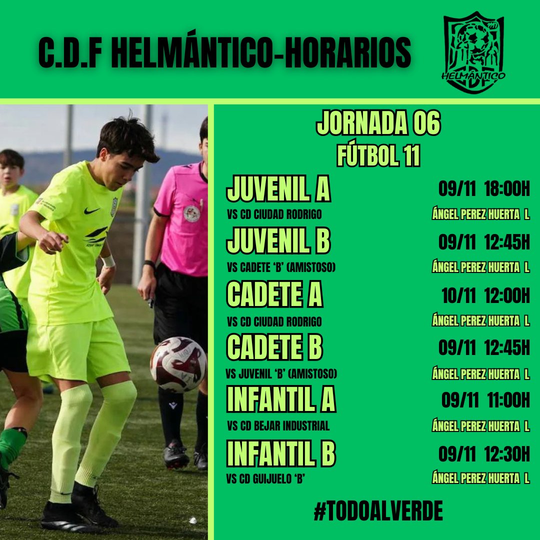 CDFHelmantico's tweet photo. 💚 ¡Jornada 6 a la vista! ⚽️
Este fin de semana, nuestros jugadores salen al campo con ganas de dejarlo todo. Ven a disfrutar de cada partido en el Ángel Pérez Huerta, apoya a nuestros chicos y llena las gradas de energía verde. ⚽🏆
#TodoAlVerde #VamosVerdes #Helmántico https://t.co/oVw2nf6trO