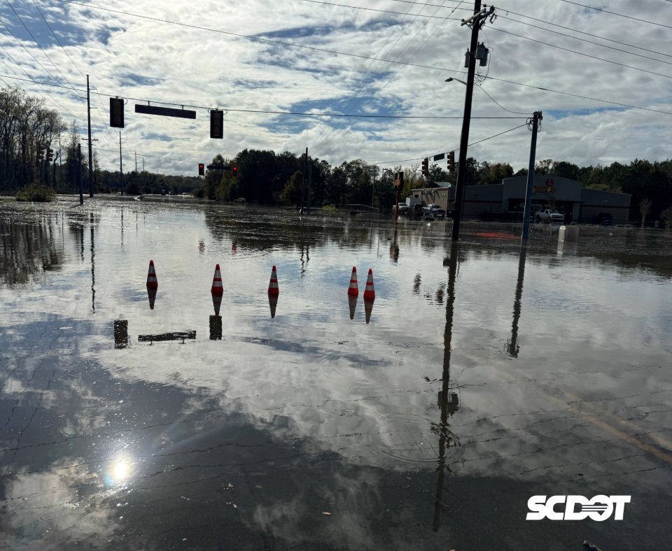 SCDOTPress's tweet photo. Currently, there are more than 35 roads in Orangeburg and Calhoun Counties that are closed due to flooding or damage from flooding. Please avoid driving through the impacted areas, especially after dark. You should never drive through a flooded roadway or around a barricade. https://t.co/QiWpZv5LMJ
