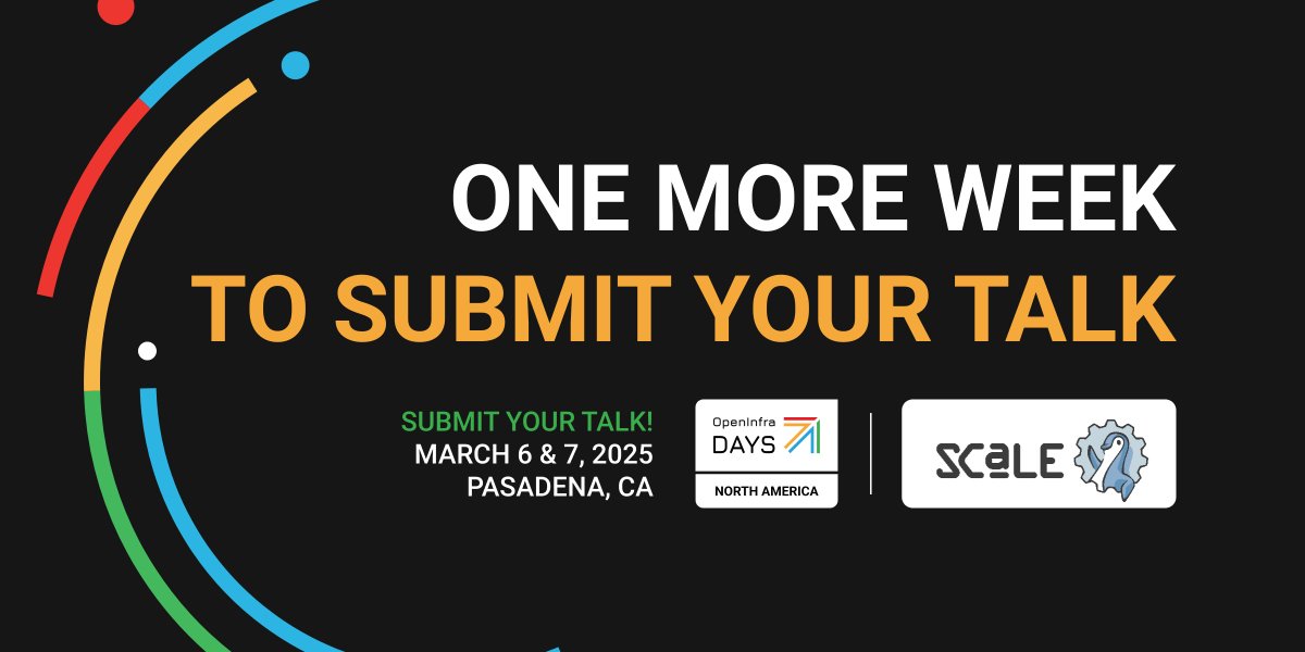 📢We have another week until the OpenInfra Days North America planning committee will begin reviewing talks, so in the meantime, we have decided to leave the CFP open a little longer. The final deadline is November 15, 2024! forms.gle/81QV3SFV6ixSds…