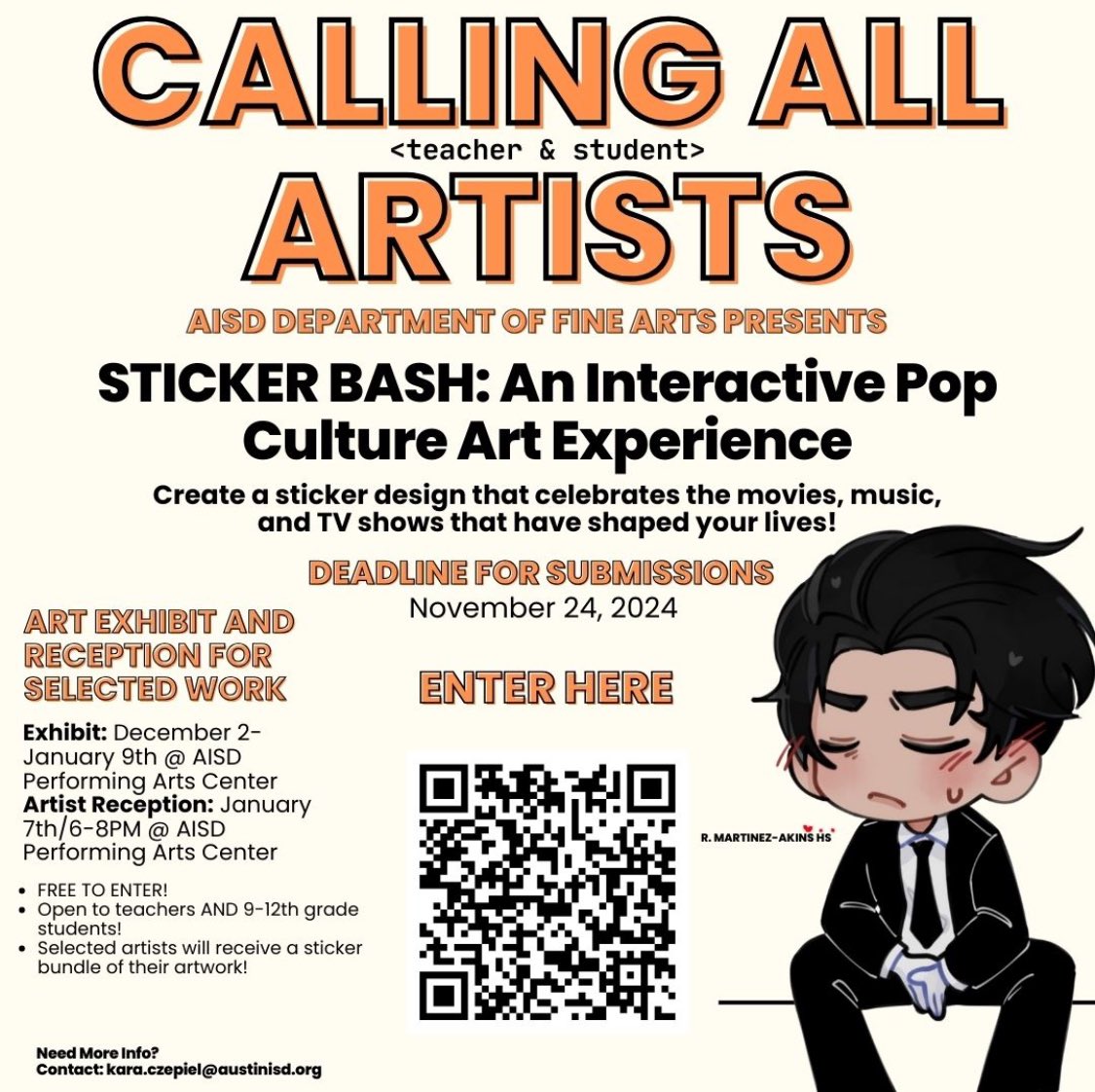 AISDArts (@aisdarts) on Twitter photo Calling All Artists!
Sticker Bash: An Interactive Pop Culture Art Experience
¡Llamado a Todos los Artistas!
Sticker Bash: Una Experiencia de Arte Interactivo de la Cultura Pop
app.smartsheet.com/b/form/08bd4d1…
<a href="/AustinISD/">Austin ISD</a> <a href="/Fine_Arts_PT/">Phillip Taylor</a> <a href="/Matias_AISD/">Matias Segura</a> <a href="/DrDiaz_AISD/">Dr. Diaz</a> Calling All Artists!
Sticker Bash: An Interactive Pop Culture Art Experience
¡Llamado a Todos los Artistas!
Sticker Bash: Una Experiencia de Arte Interactivo de la Cultura Pop
app.smartsheet.com/b/form/08bd4d1…
<a href="/AustinISD/">Austin ISD</a> <a href="/Fine_Arts_PT/">Phillip Taylor</a> <a href="/Matias_AISD/">Matias Segura</a> <a href="/DrDiaz_AISD/">Dr. Diaz</a>