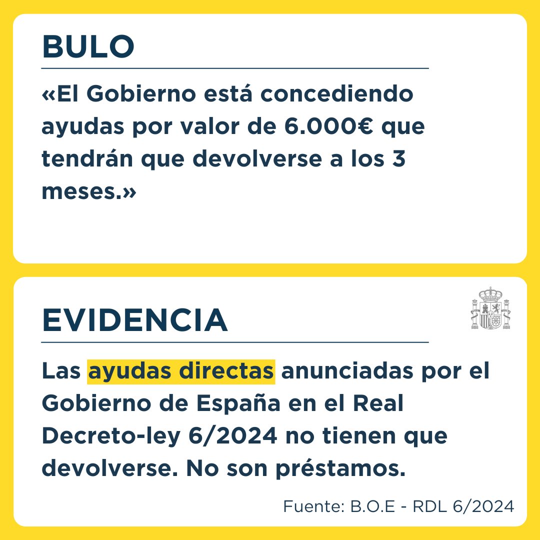 Importante: las ayudas directas del Gobierno de España NO tienen que devolverse. 

Son transferencias directas que se realizan a las cuentas bancarias de l@s afectad@s.

Más info:
🔗lamoncloa.gob.es/info-dana/Pagi…
