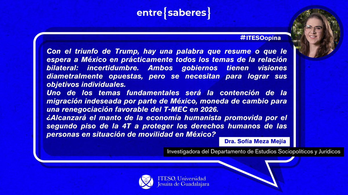 #ITESOopina

Incertidumbre es lo que le espera #México tras la victoria de #Trump en las #EleccionesEEUU2024, dadas las diferencias entre las visiones de los nuevos gobiernos. Sofía Meza, investigadora <a href="/ITESO/">ITESO</a>, nos comparte su opinión sobre los resultados electorales de este