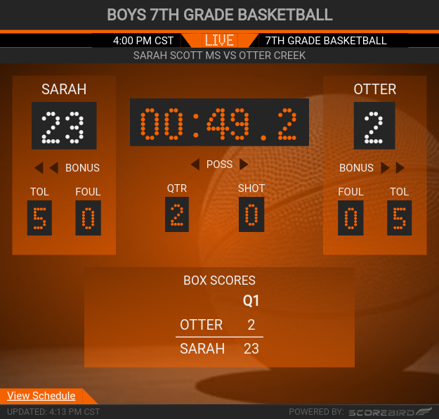 SSScotties's tweet photo. Q1 End
Otter Creek: 2
Sarah Scott: 23
Boys 7th Grade Basketball
-------------------
Stream live score: https://t.co/i1TqCCG7iT
@ssms_athletics https://t.co/jvVQIJth9S