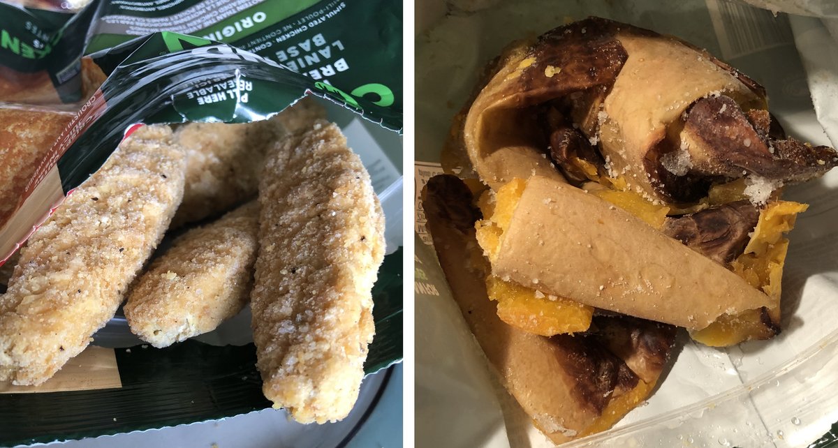 Snaggy's tweet photo. @BeyondMeat Beyond chicken nuggets... What I'm used to it looking like, and what I got. What the heck is that?  😵‍💫 https://t.co/YRw8cK2g7D
