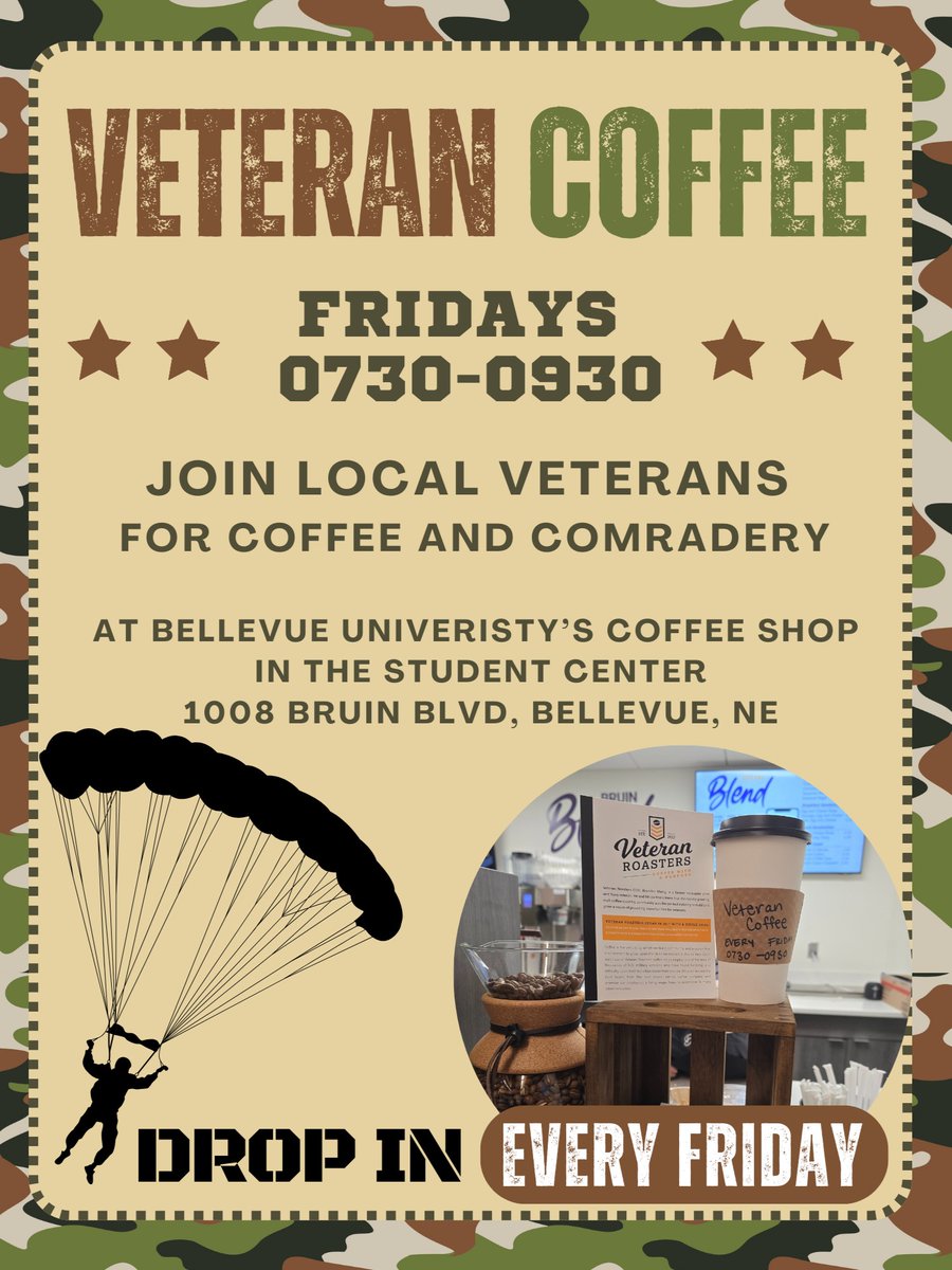Join local Veterans for coffee and comradery in the Student Center coffee shop every Friday morning from 7:30-9:30. We hope to see you there!