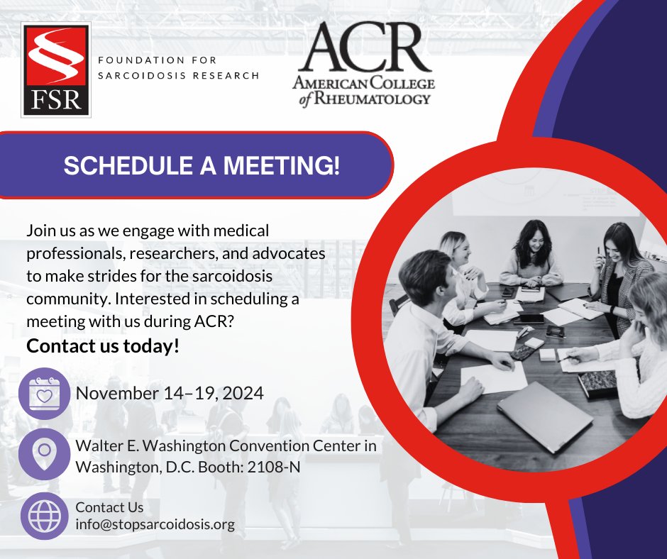 FSR is excited to be attending the American College of Rheumatology (ACR) Convergence!

Interested in scheduling a meeting with us during ACR? Contact us today!

info@stopsarcoidosis.org