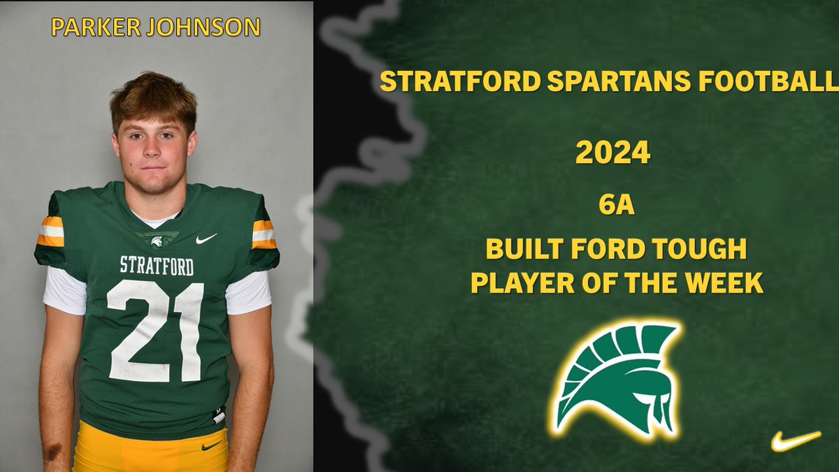 Stratford Spartan Football (@stratfordfb1) on Twitter photo Congrats to <a href="/Parkerj_06/">Parker Johnson</a> for being named the "Built Ford Tough" Player of the Week for 6A! <a href="/StratfordFB1/">Stratford Spartan Football</a> is proud of all his hard work paying off! fordplayeroftheweek.com
<a href="/SHS_BoosterClub/">Stratford Booster</a> <a href="/sbisdathletics/">Spring Branch ISD Athletics</a> <a href="/BallySportsTXHS/">Local Sports High School</a> #SpartanPride Congrats to <a href="/Parkerj_06/">Parker Johnson</a> for being named the "Built Ford Tough" Player of the Week for 6A! <a href="/StratfordFB1/">Stratford Spartan Football</a> is proud of all his hard work paying off! fordplayeroftheweek.com
<a href="/SHS_BoosterClub/">Stratford Booster</a> <a href="/sbisdathletics/">Spring Branch ISD Athletics</a> <a href="/BallySportsTXHS/">Local Sports High School</a> #SpartanPride