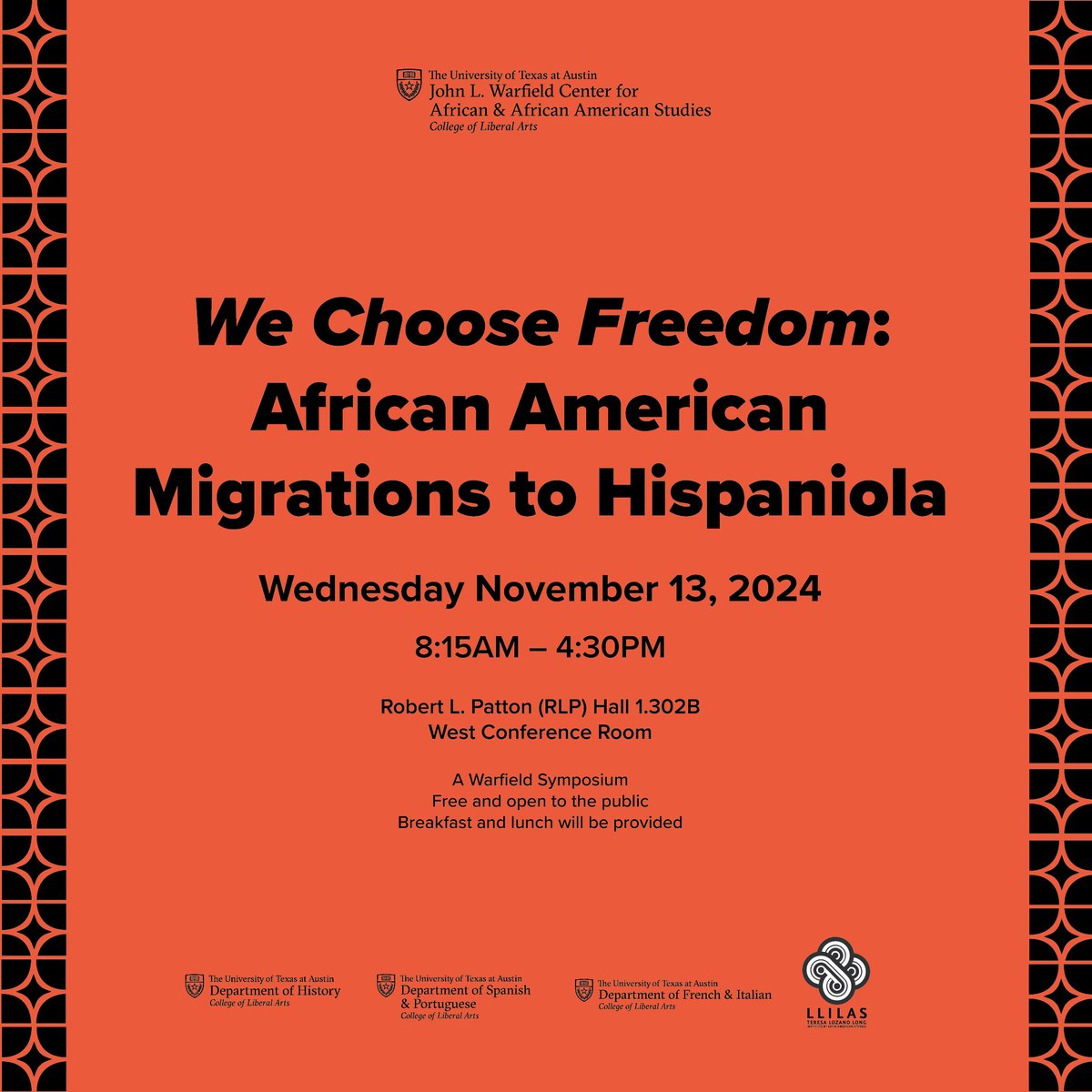 Warfield_UT's tweet photo. "We Choose Freedom: African American Migrations to Hispaniola"
A symposium presented by The Warfield Center
November 13, 2024 8:15AM – 4:30PM
Robert L. Patton (RLP) Hall 1.302B
West Conference Room

Free and open to the public
Breakfast and lunch will be provided https://t.co/HilPyF6fsU