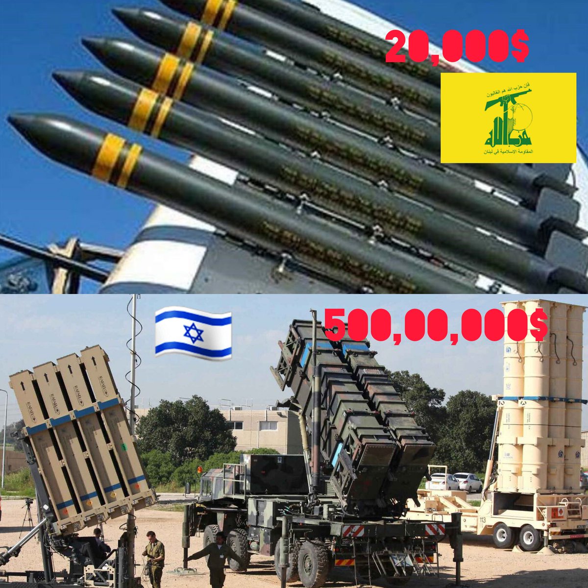 aliakbar313333's tweet photo. Are #Hezbollah's $20,000 short-range missiles more valuable or #Israel's $500,000,000 defenses?
Is #Israel's defense capable of countering Iran's terrifying missiles?
#Iran_attack
#Israel https://t.co/sUksnzXt6b