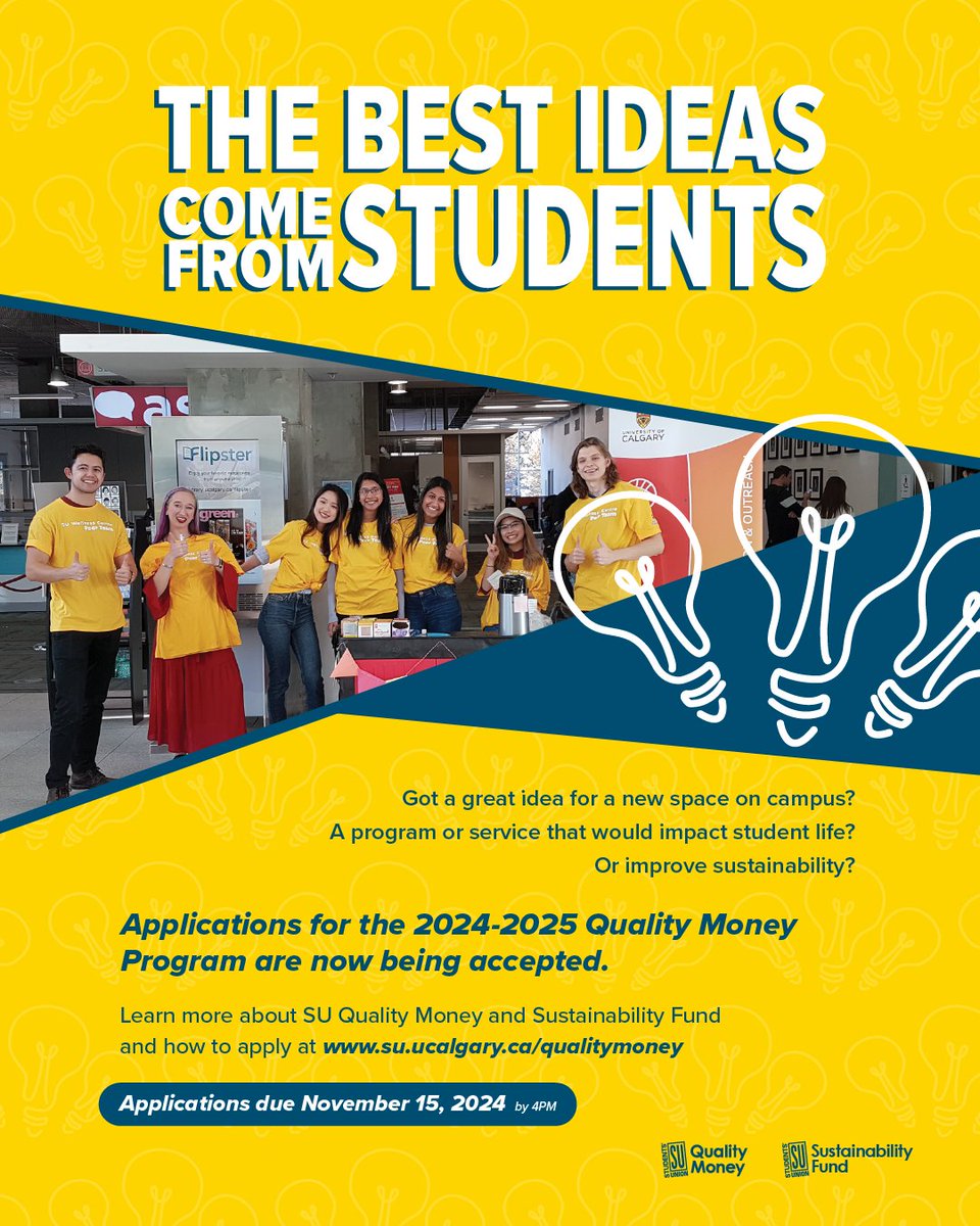📣 Hey UCalgary community: Quality Money Project applications due Nov. 15 at 4 p.m.! 

Each year the SU is provided approx. $1.65 mill. from UCalgary Board of Governors to invest in projects to enhance the overall quality of student experience. See more: su.ucalgary.ca/quality-money