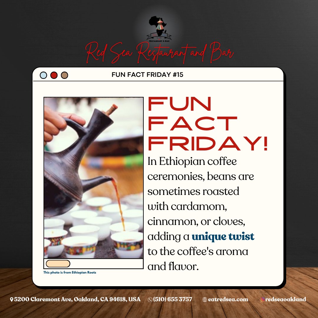 𝙁𝙐𝙉 𝙁𝘼𝘾𝙏 𝙁𝙍𝙄𝘿𝘼𝙔!
💭 𝐃𝐢𝐝 𝐲𝐨𝐮 𝐤𝐧𝐨𝐰 𝐭𝐡𝐚𝐭...🤔🫚🥵
Traditional Ethiopian coffee ceremonies include various spices to add to its flavor!

Intriguing, right?!

#Coffee  #friday #fridayfun #fridaymood #funfact #FunFactFriday  #Oaklandca