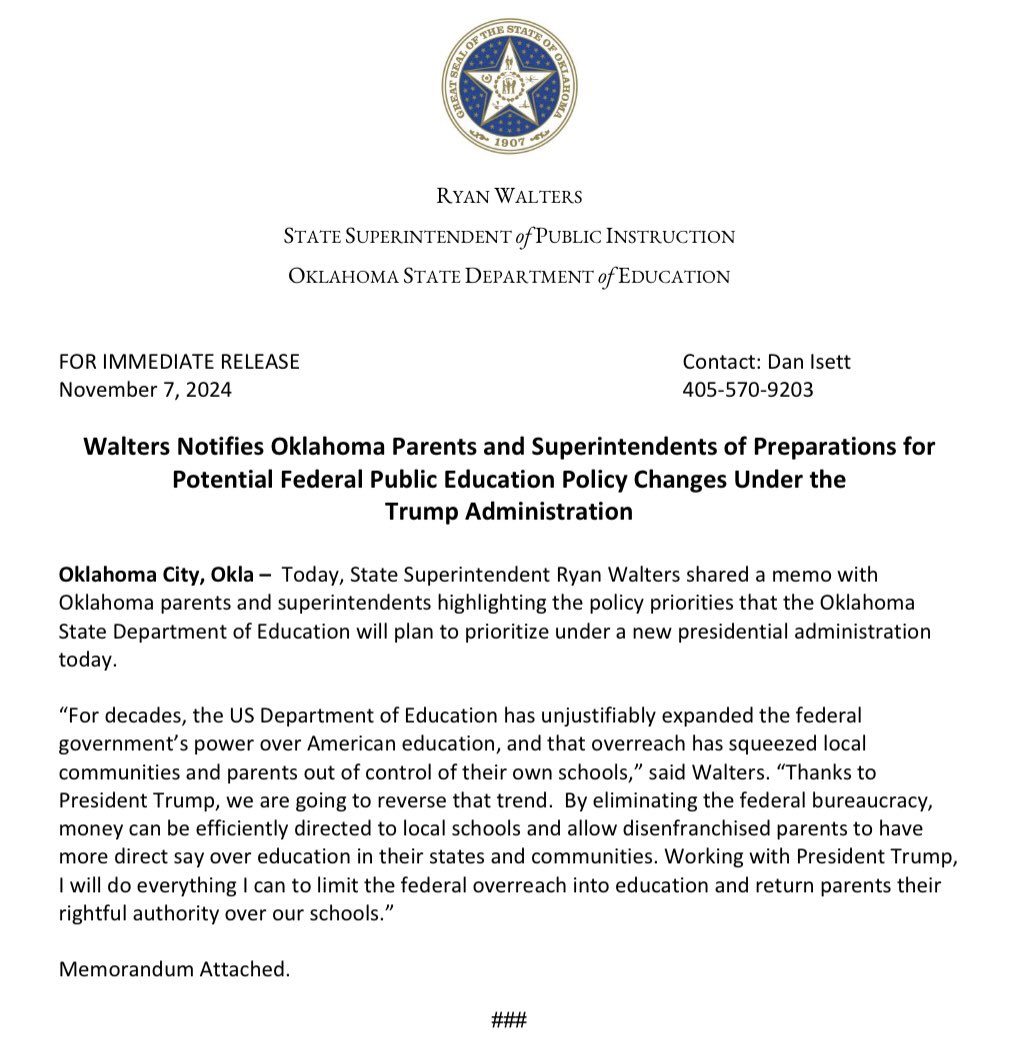 KOCOAbigail's tweet image. JUST IN: Oklahoma Schools Superintendent Ryan Walters is sending out a memorandum to parents and school leaders about potential changes to education as President-Elect Trump retakes office.