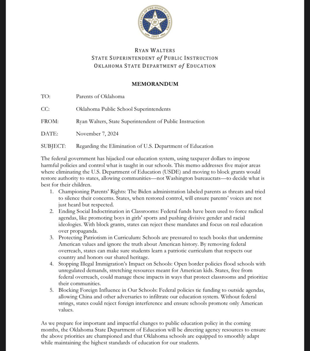 KOCOAbigail's tweet image. JUST IN: Oklahoma Schools Superintendent Ryan Walters is sending out a memorandum to parents and school leaders about potential changes to education as President-Elect Trump retakes office.