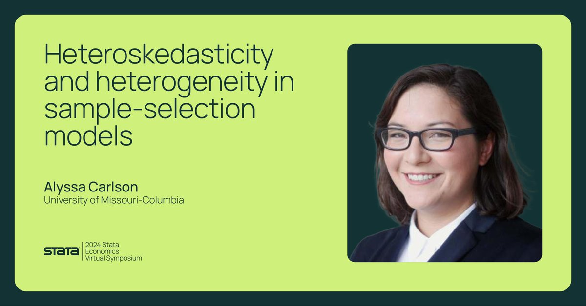 Stata (@stata) on Twitter photo #Econ24 presenter Alyssa Carlson (<a href="/DrAHCarlson/">Alyssa H Carlson</a>) from <a href="/MizzouEcon/">MU Dept of Economics</a> examined heteroskedasticity in sample-selection models, showing when standard estimators fail and how the 𝗴𝘁𝘀𝗵𝗲𝗰𝗸𝗺𝗮𝗻 command ensures consistent and valid estimation results. #Econ24 presenter Alyssa Carlson (<a href="/DrAHCarlson/">Alyssa H Carlson</a>) from <a href="/MizzouEcon/">MU Dept of Economics</a> examined heteroskedasticity in sample-selection models, showing when standard estimators fail and how the 𝗴𝘁𝘀𝗵𝗲𝗰𝗸𝗺𝗮𝗻 command ensures consistent and valid estimation results.