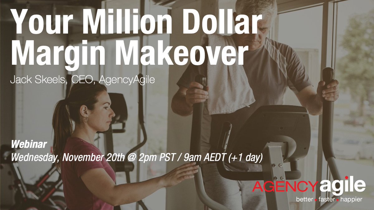 Burnt-out teams, lackluster deliverables, unhappy clients, and your margin is dying. It’s time to get your agency into shape. 

This webinar is presented by Jack Skeels, CEO of AgencyAgile, the premier agency productivity consultants.

Nov 20th @ 2pm PST
ow.ly/YZ2z50U2IOi